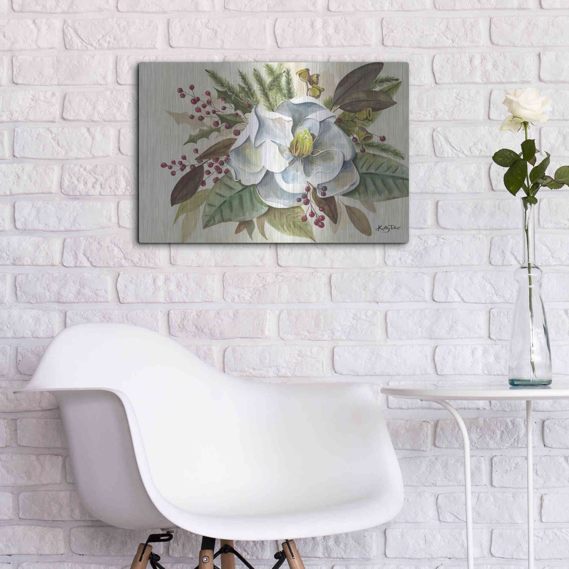 Luxe Metal Art 'Christmas Magnolia' by Kelley Talent, Metal Wall Art,24x16
