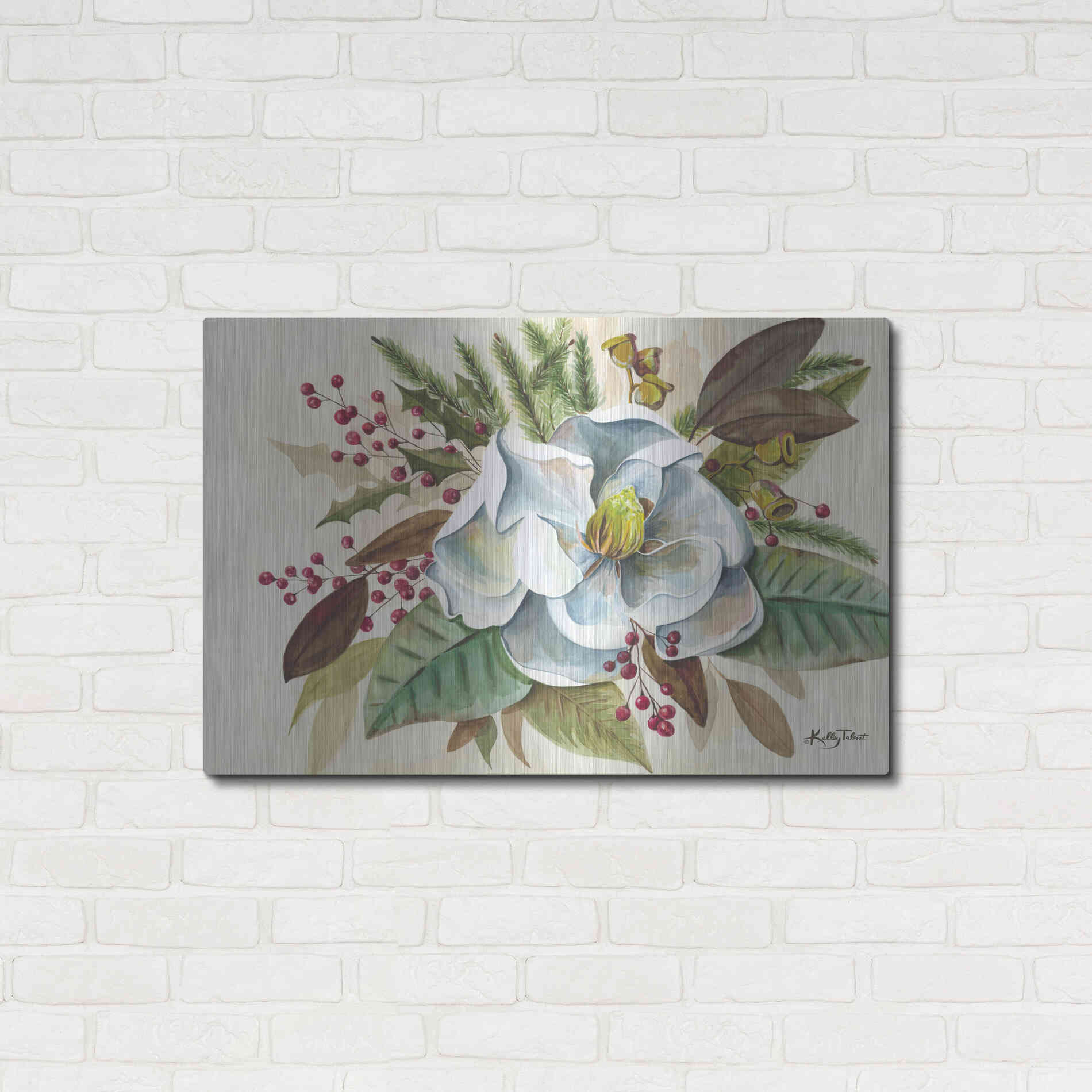 Luxe Metal Art 'Christmas Magnolia' by Kelley Talent, Metal Wall Art,36x24