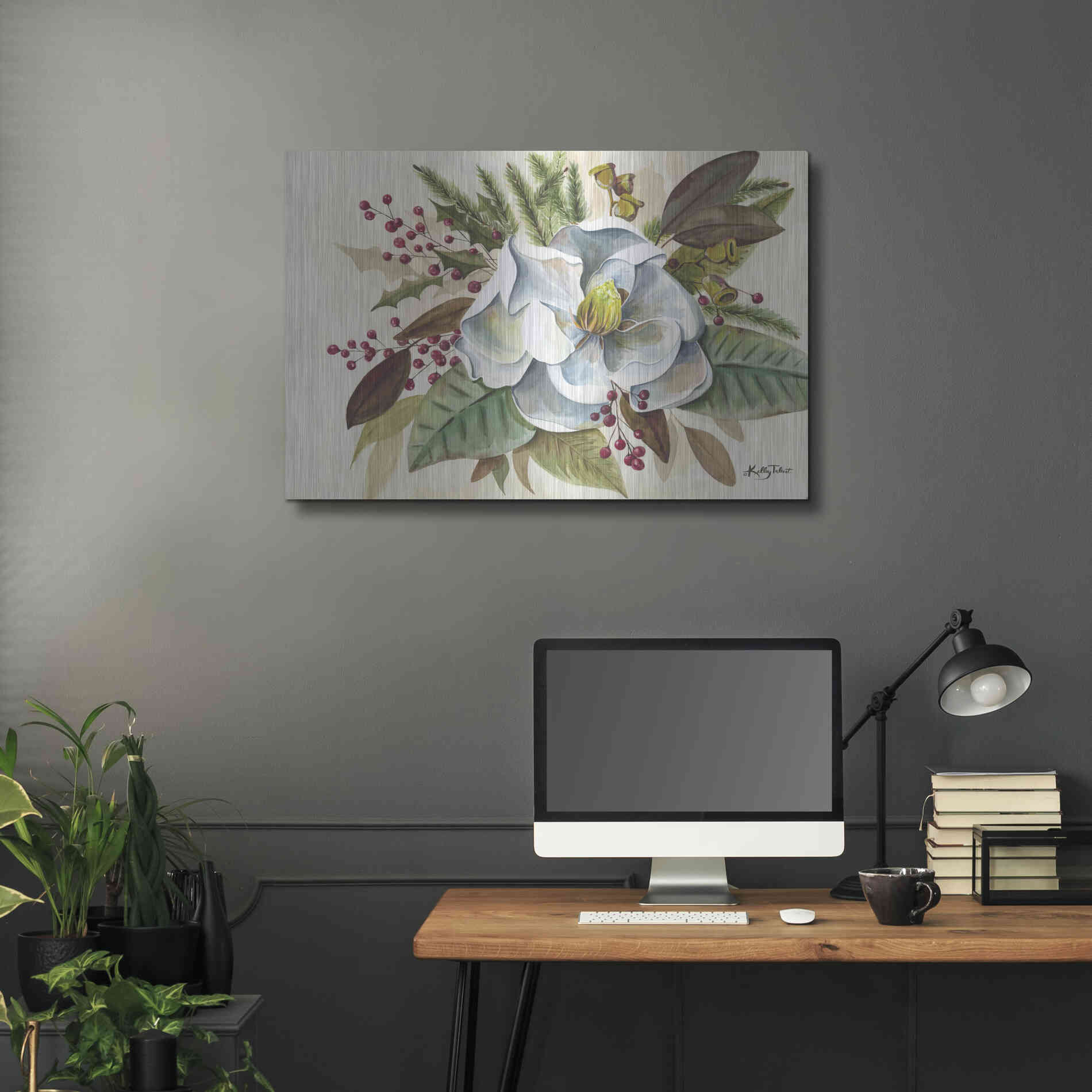Luxe Metal Art 'Christmas Magnolia' by Kelley Talent, Metal Wall Art,36x24