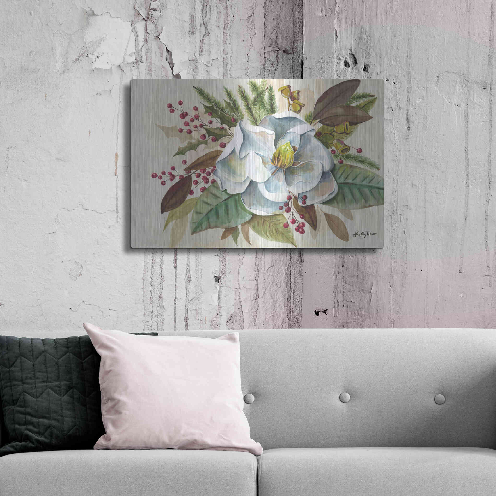 Luxe Metal Art 'Christmas Magnolia' by Kelley Talent, Metal Wall Art,36x24