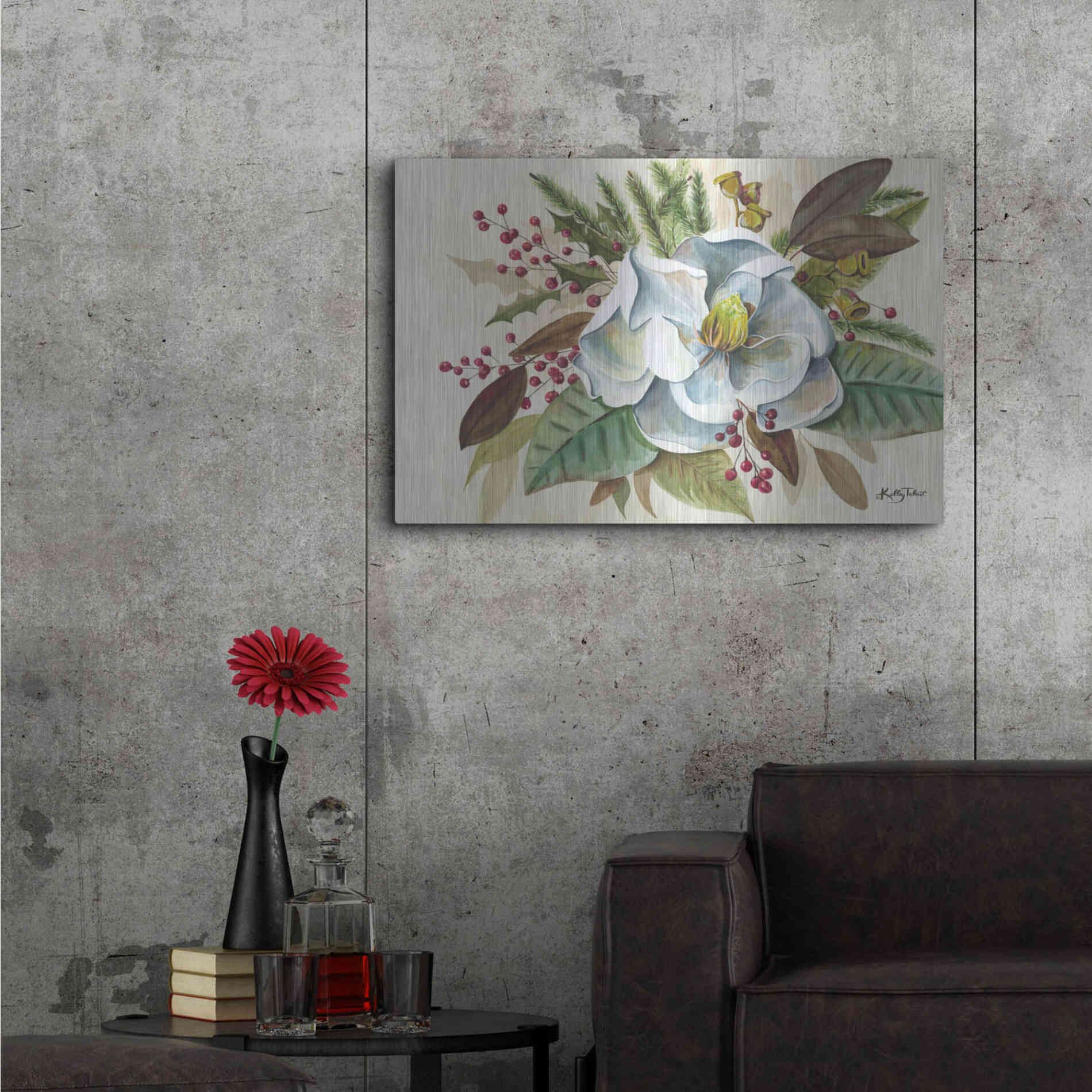 Luxe Metal Art 'Christmas Magnolia' by Kelley Talent, Metal Wall Art,36x24