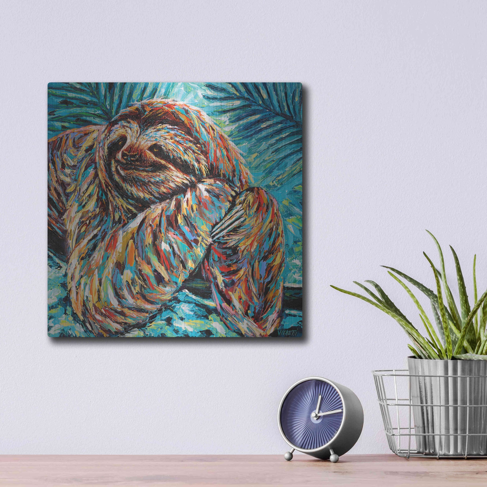 Luxe Metal Art 'Painted Sloth II' by Carolee Vitaletti, Metal Wall Art,12x12