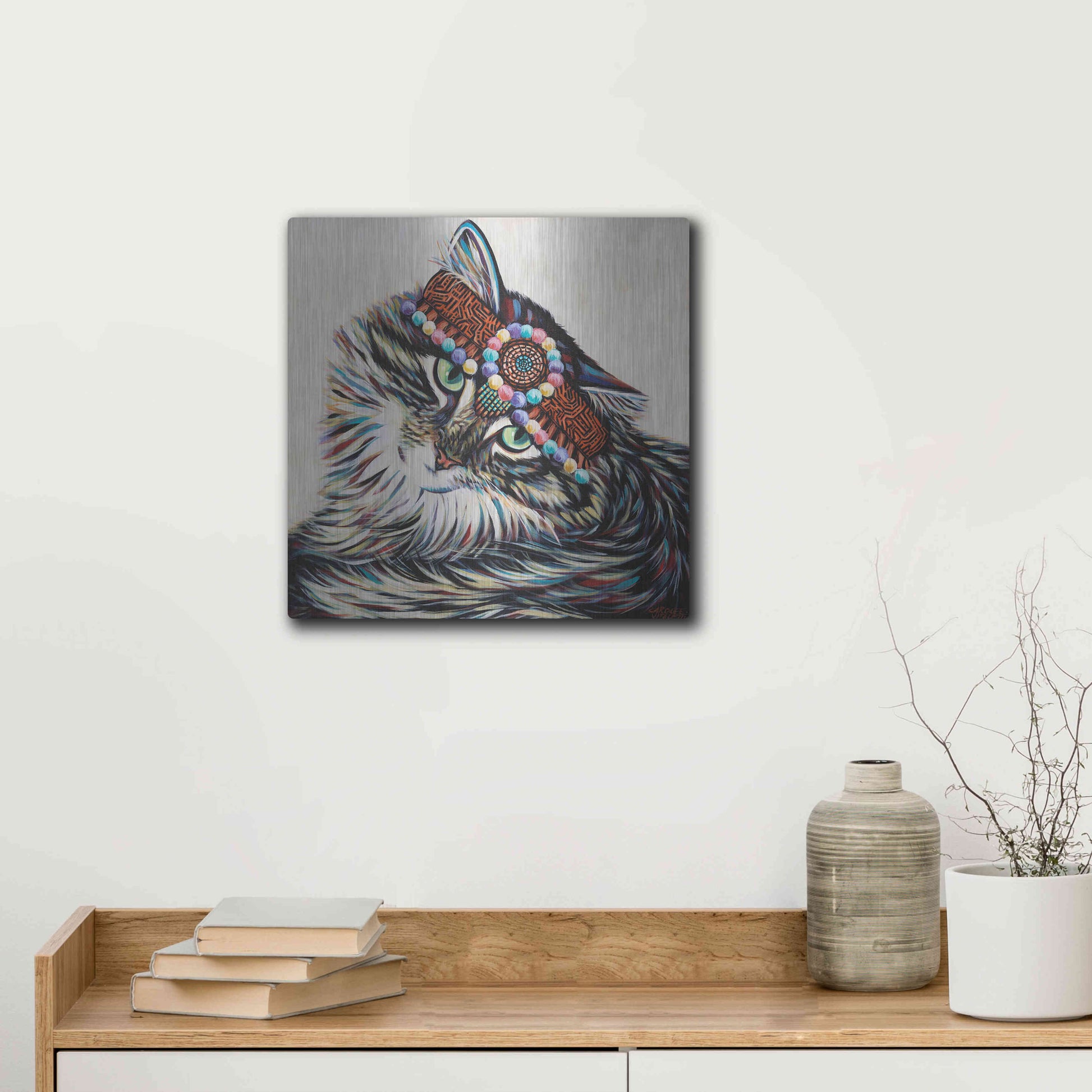 Luxe Metal Art 'Hippie Cat I' by Carolee Vitaletti, Metal Wall Art,12x12