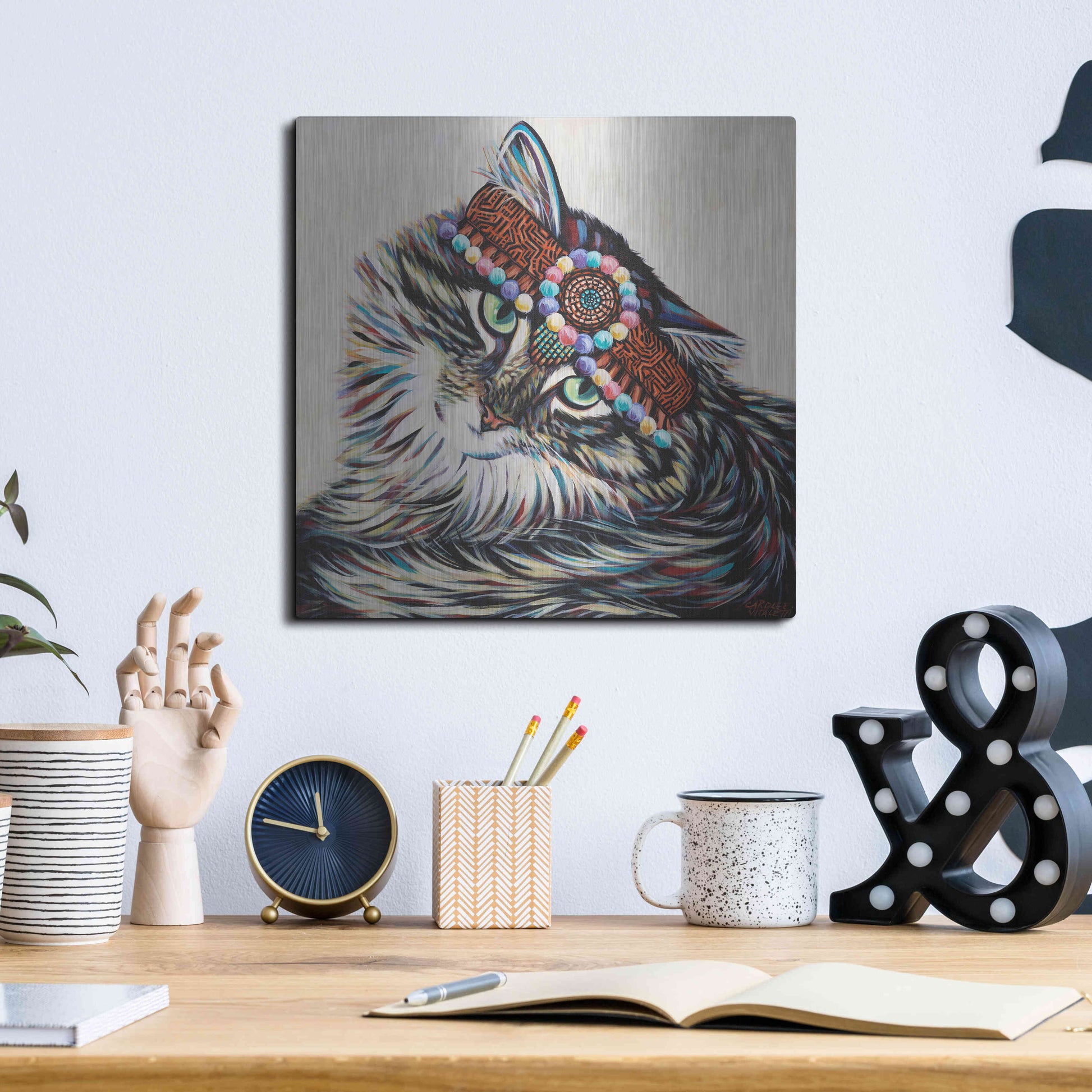 Luxe Metal Art 'Hippie Cat I' by Carolee Vitaletti, Metal Wall Art,12x12
