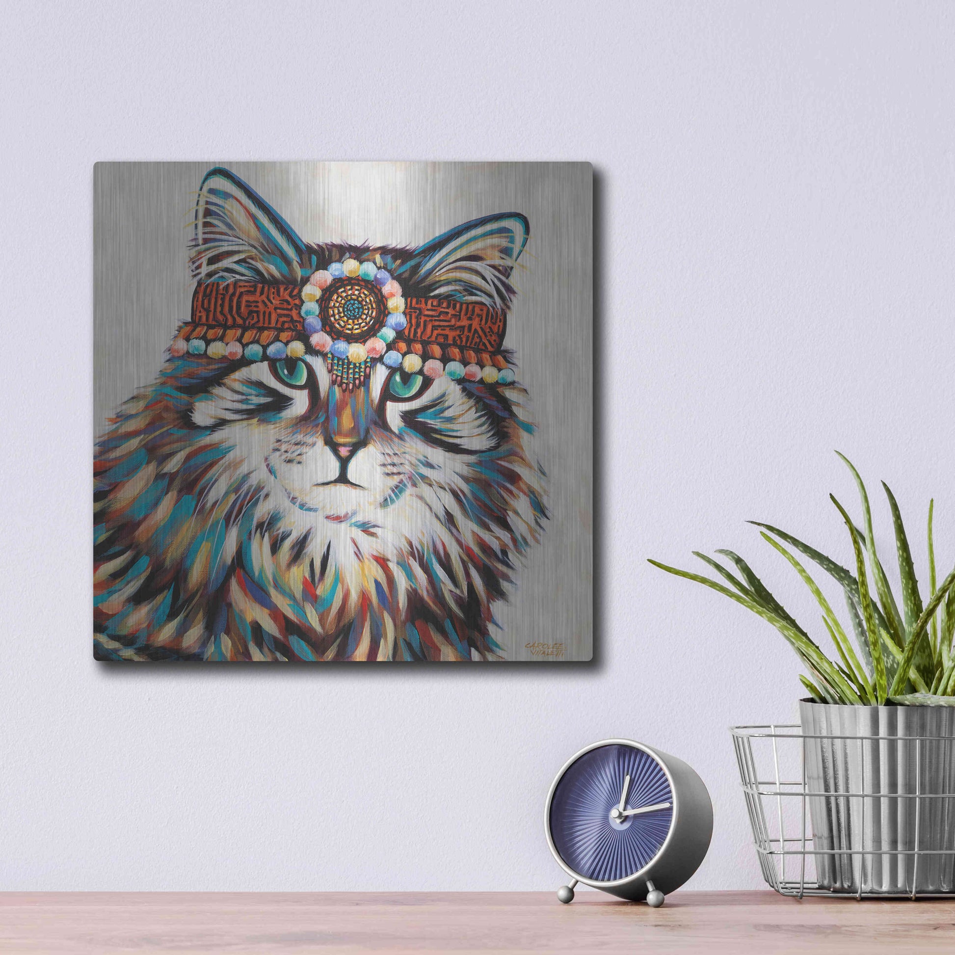 Luxe Metal Art 'Hippie Cat II' by Carolee Vitaletti, Metal Wall Art,12x12