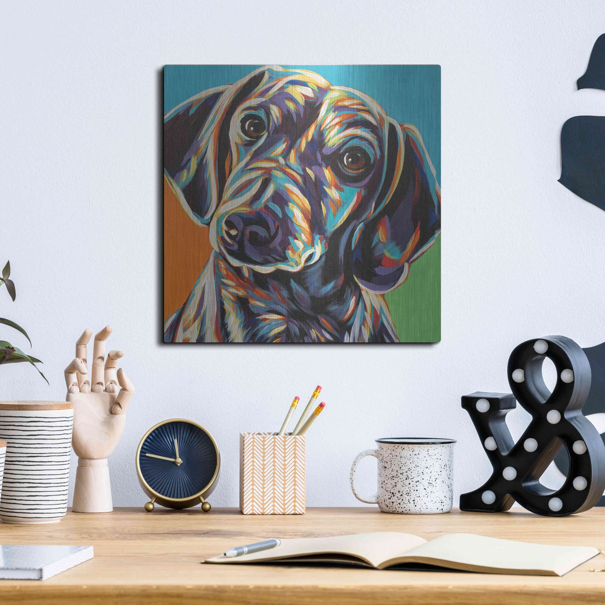 Luxe Metal Art 'Painted Dachshund II' by Carolee Vitaletti, Metal Wall Art,12x12