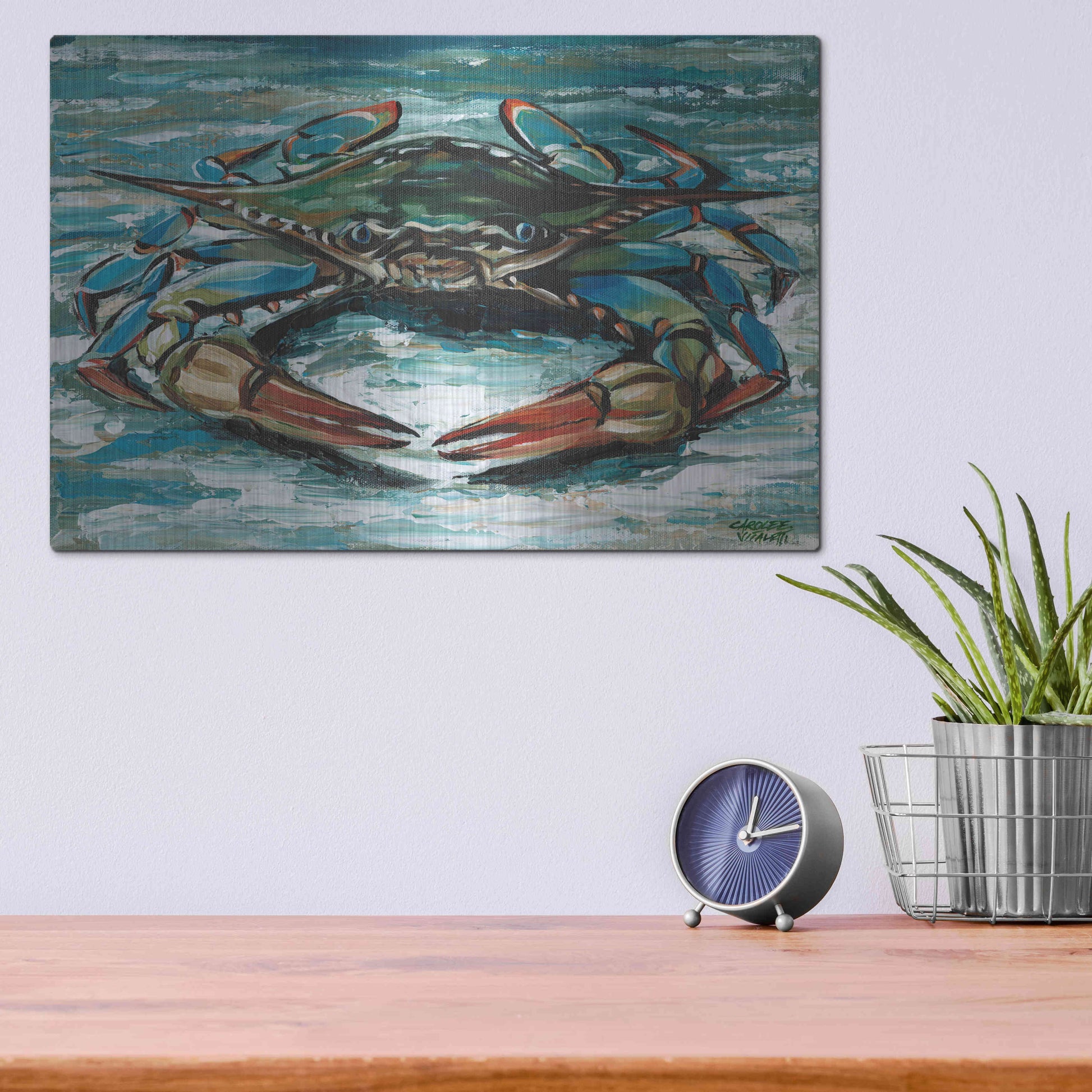 Luxe Metal Art 'Blue Palette Crab II' by Carolee Vitaletti, Metal Wall Art,16x12