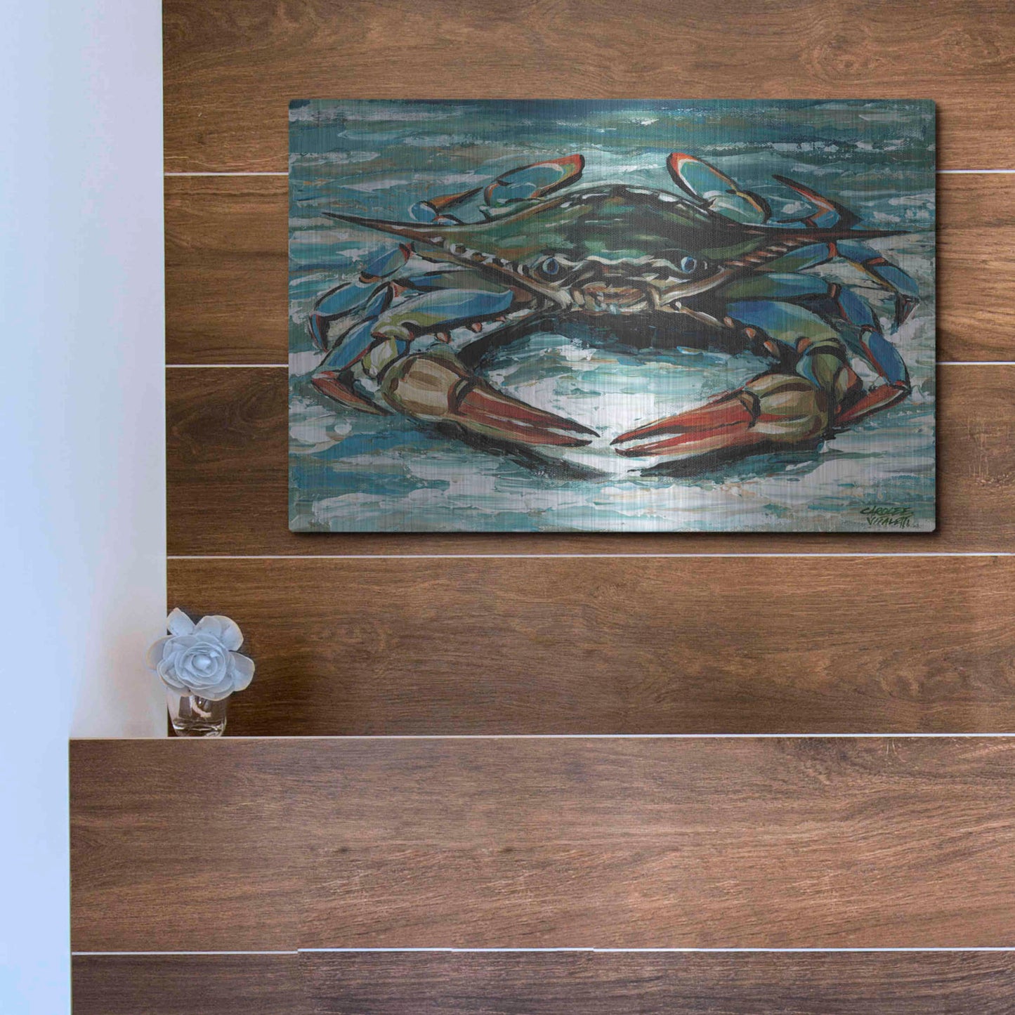 Luxe Metal Art 'Blue Palette Crab II' by Carolee Vitaletti, Metal Wall Art,16x12