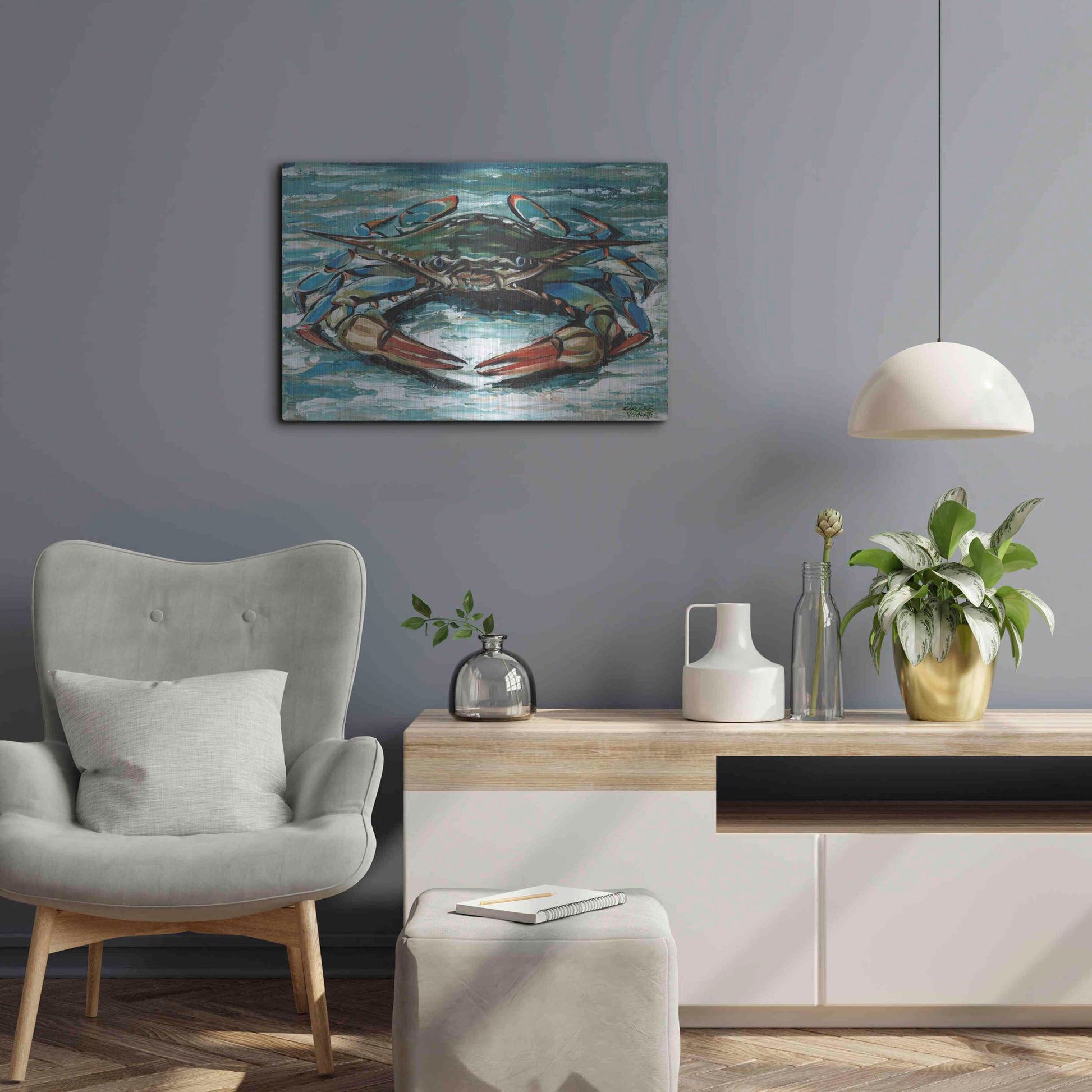 Luxe Metal Art 'Blue Palette Crab II' by Carolee Vitaletti, Metal Wall Art,24x16