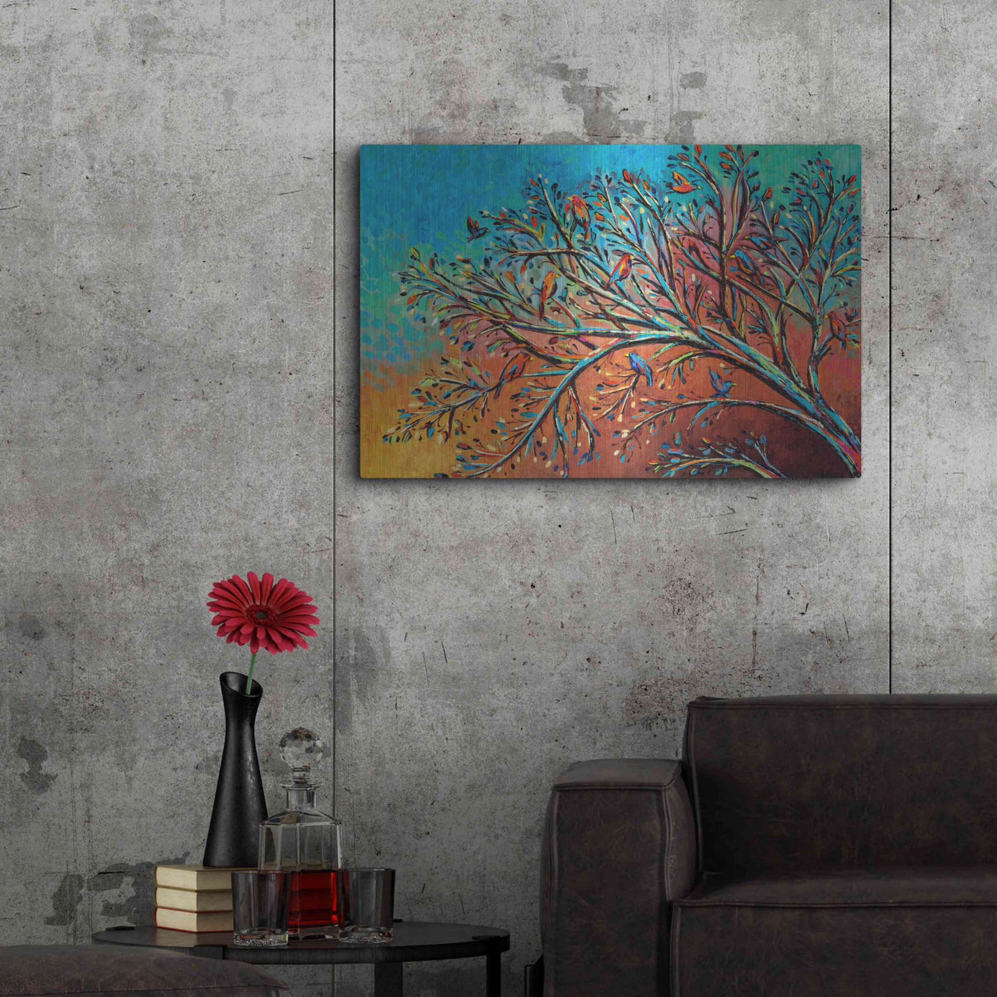 Luxe Metal Art 'Sunrise Treetops Birds I' by Carolee Vitaletti, Metal Wall Art,36x24