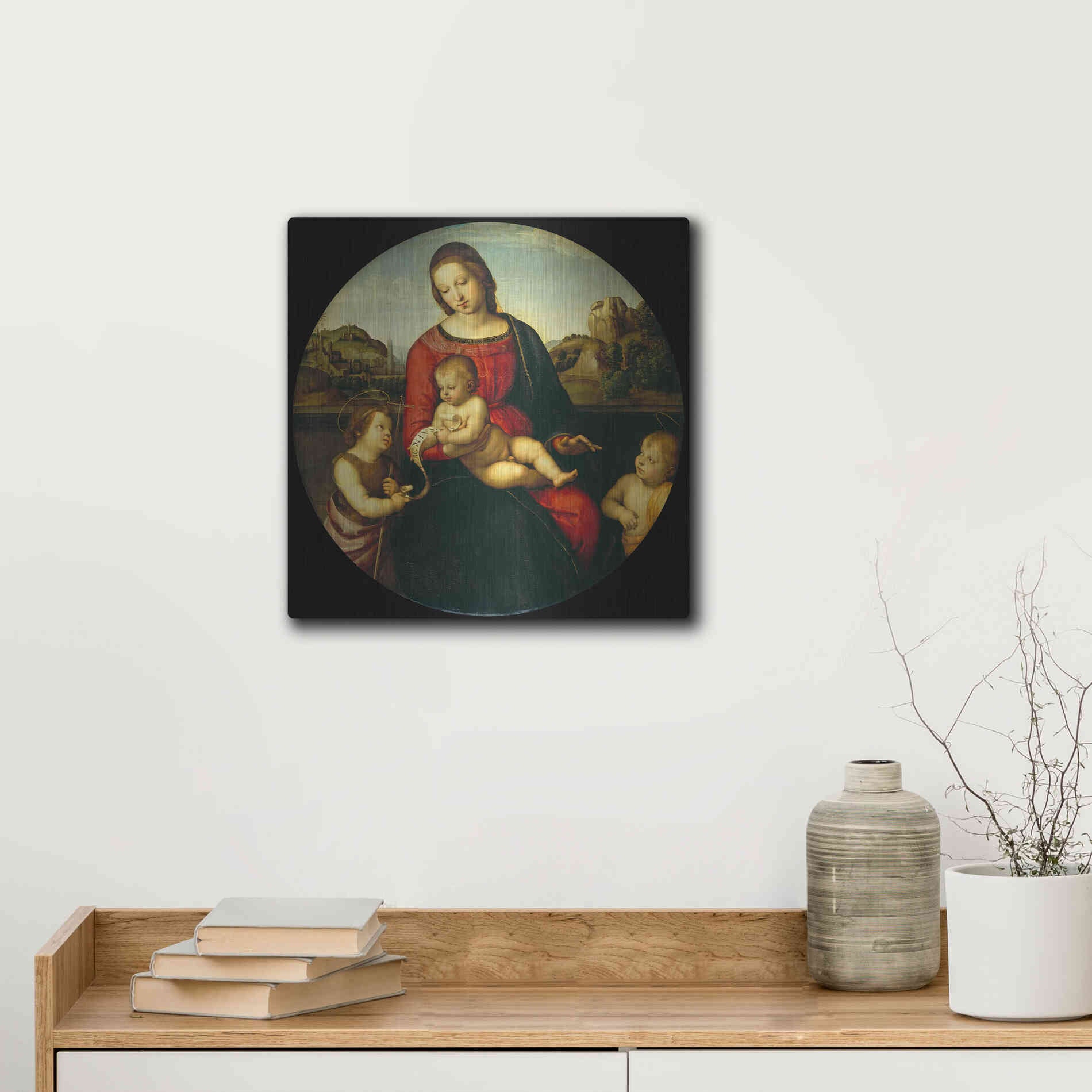 Luxe Metal Art 'Madonna with Child, St. John and a Child Saint' by Raphael, Metal Wall Art,12x12