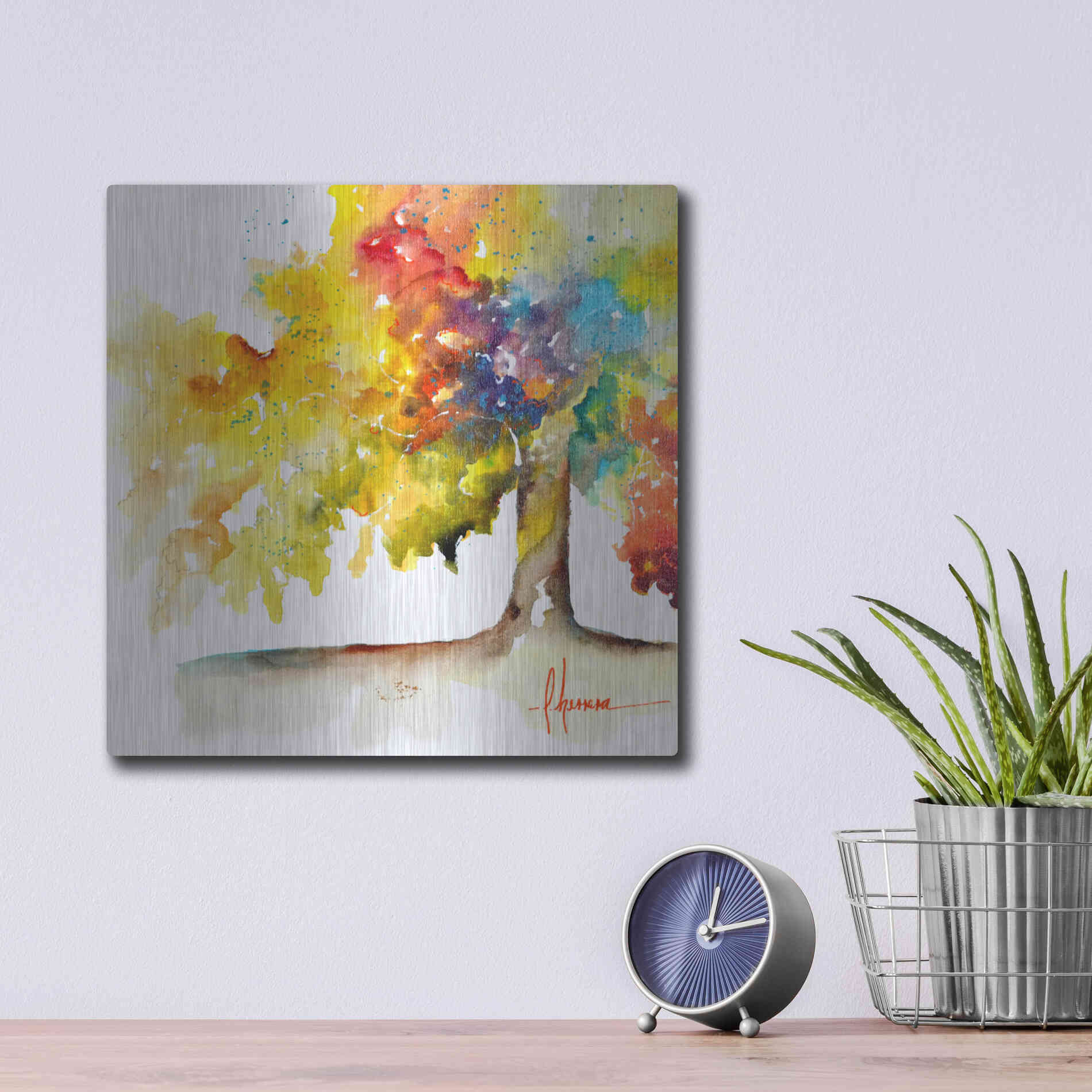 Luxe Metal Art 'Rainbow Trees I' by Leticia Herrera, Metal Wall Art,12x12