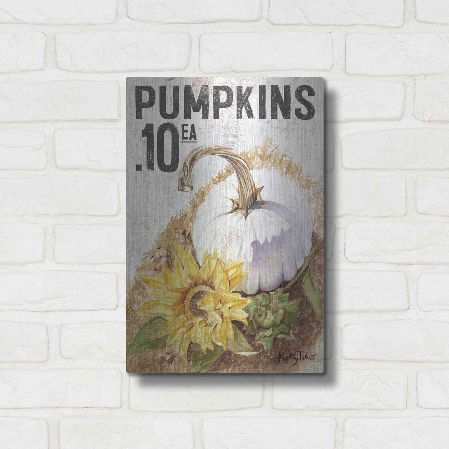 Luxe Metal Art 'White Harvest Pumpkin' by Kelley Talent, Metal Wall Art,12x16