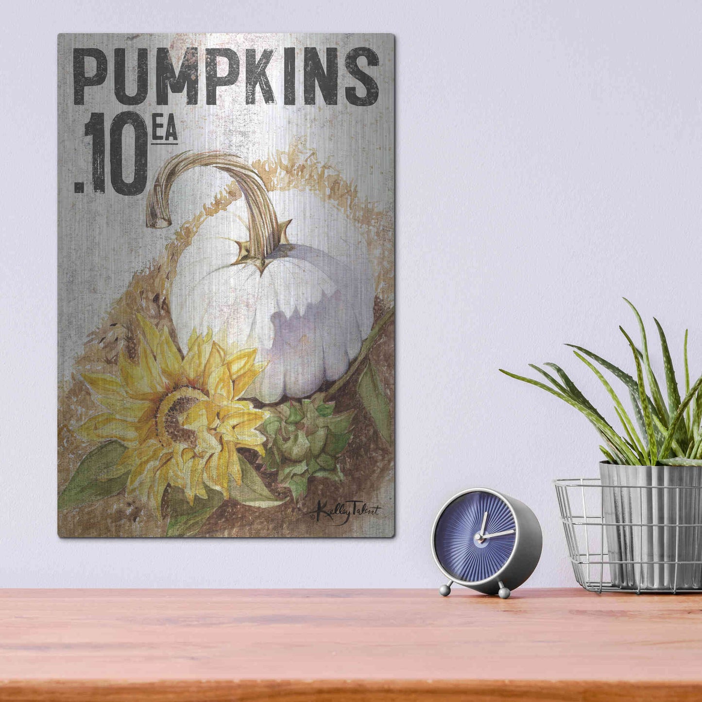 Luxe Metal Art 'White Harvest Pumpkin' by Kelley Talent, Metal Wall Art,12x16