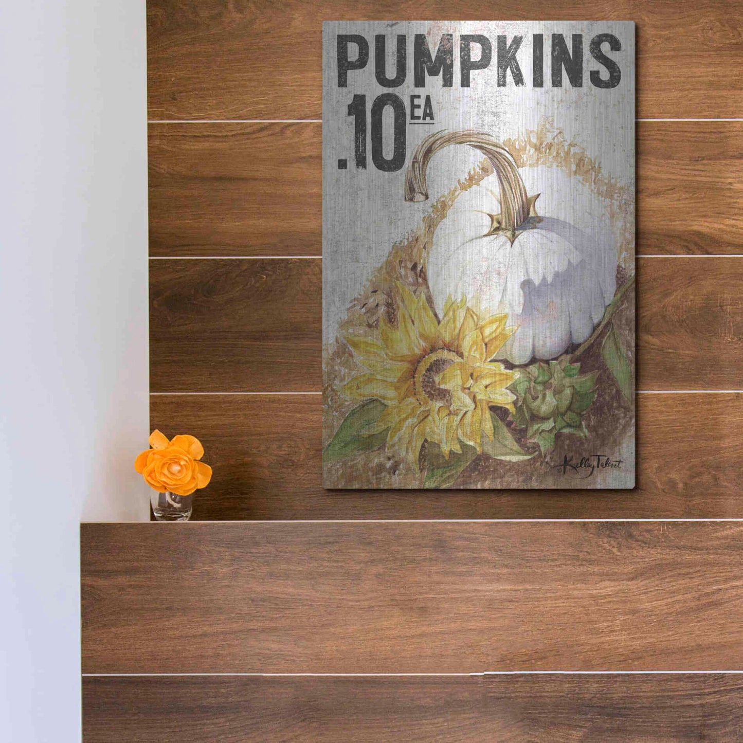 Luxe Metal Art 'White Harvest Pumpkin' by Kelley Talent, Metal Wall Art,12x16