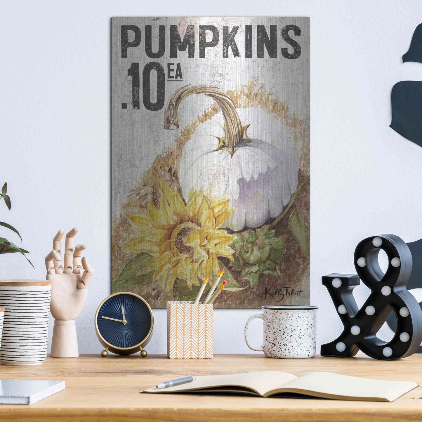 Luxe Metal Art 'White Harvest Pumpkin' by Kelley Talent, Metal Wall Art,12x16