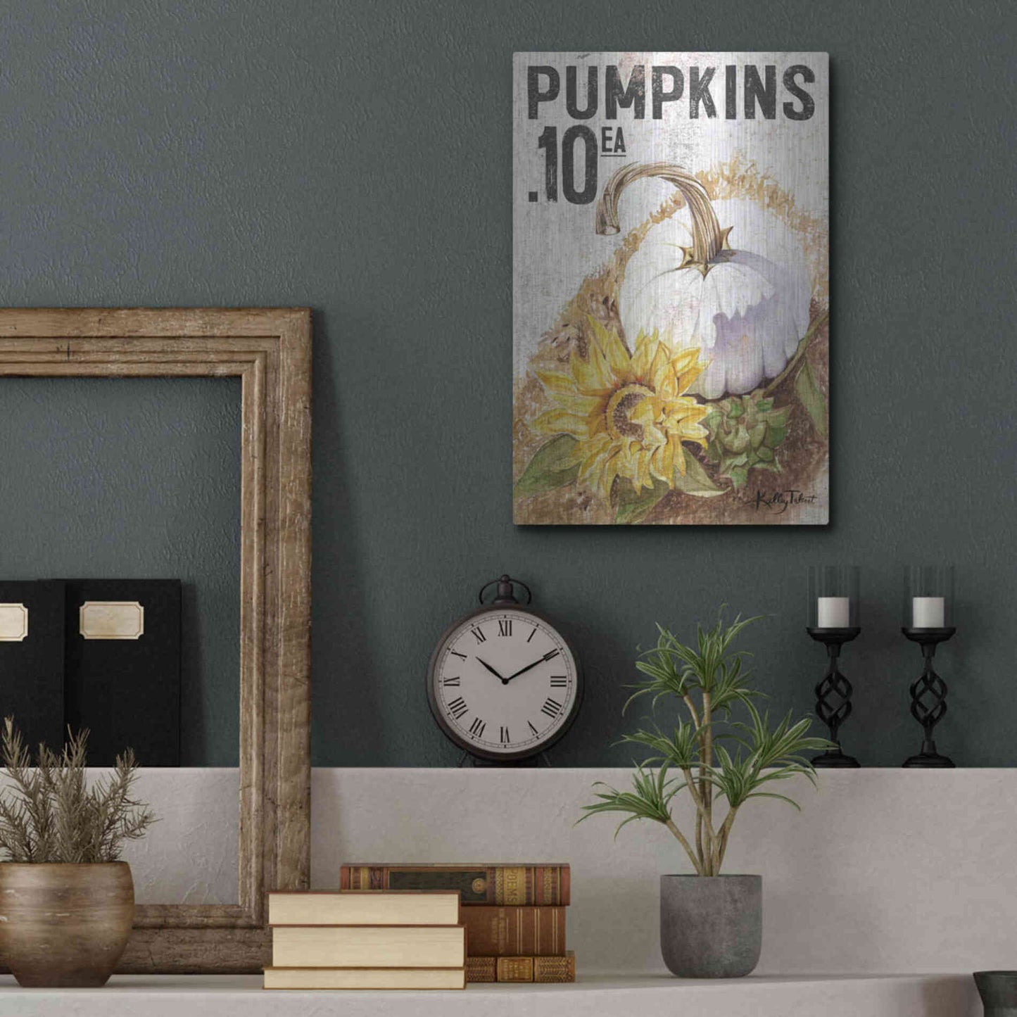 Luxe Metal Art 'White Harvest Pumpkin' by Kelley Talent, Metal Wall Art,12x16