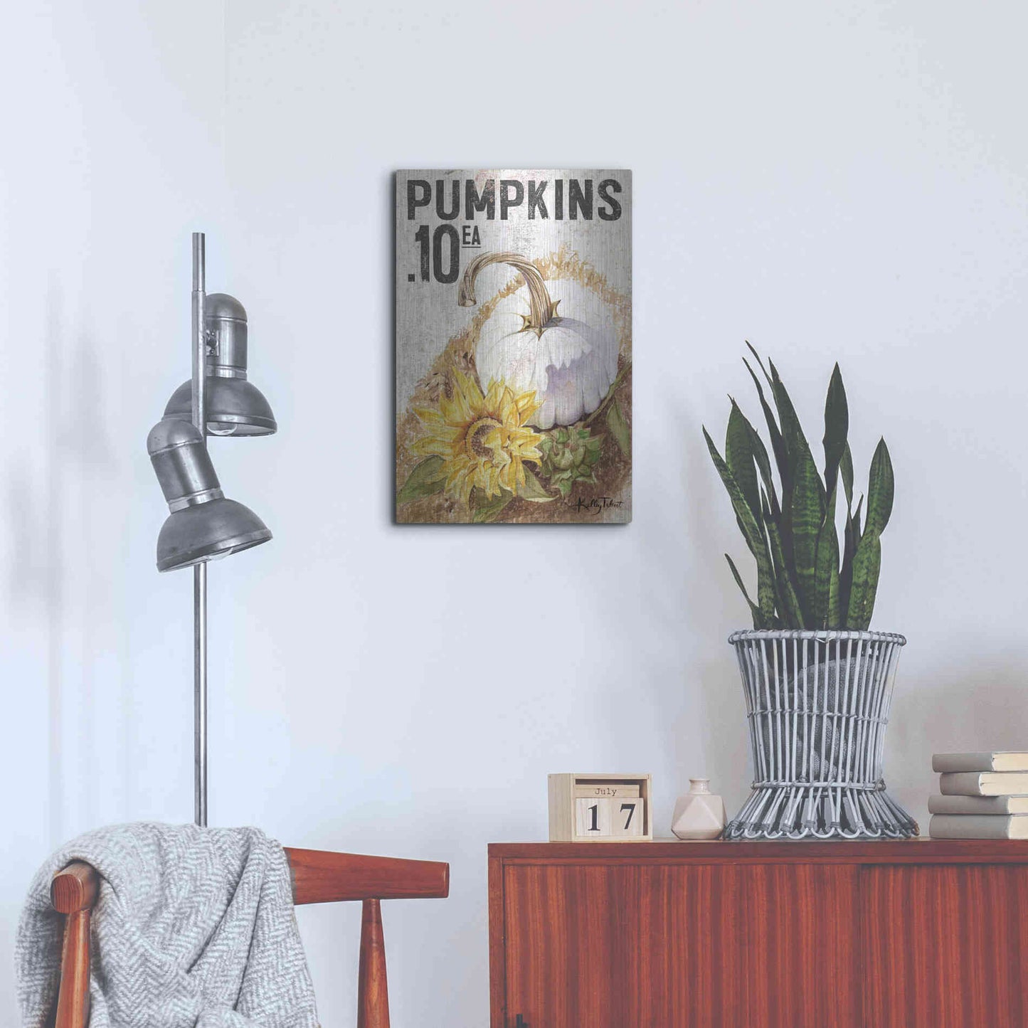 Luxe Metal Art 'White Harvest Pumpkin' by Kelley Talent, Metal Wall Art,16x24