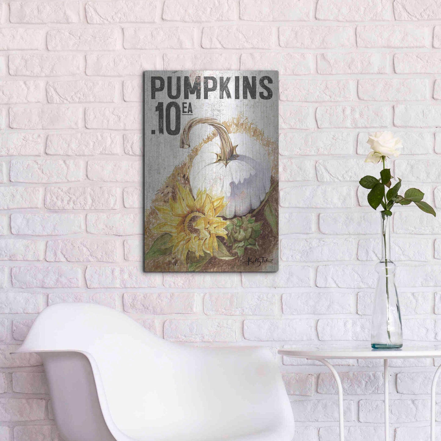 Luxe Metal Art 'White Harvest Pumpkin' by Kelley Talent, Metal Wall Art,16x24