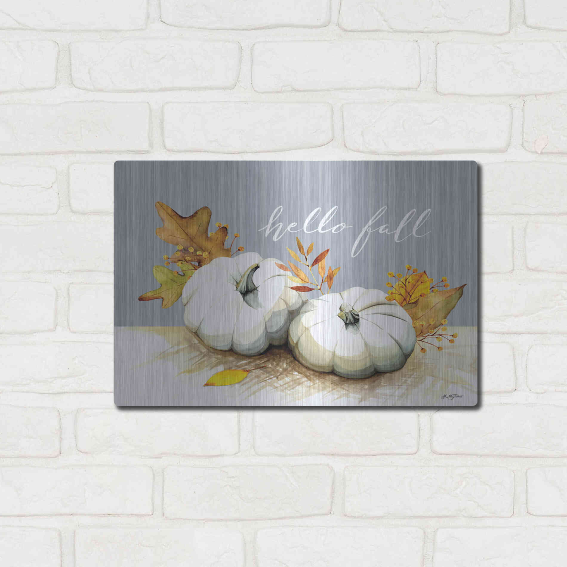 Luxe Metal Art 'Hello Fall Pumpkins' by Kelley Talent, Metal Wall Art,16x12