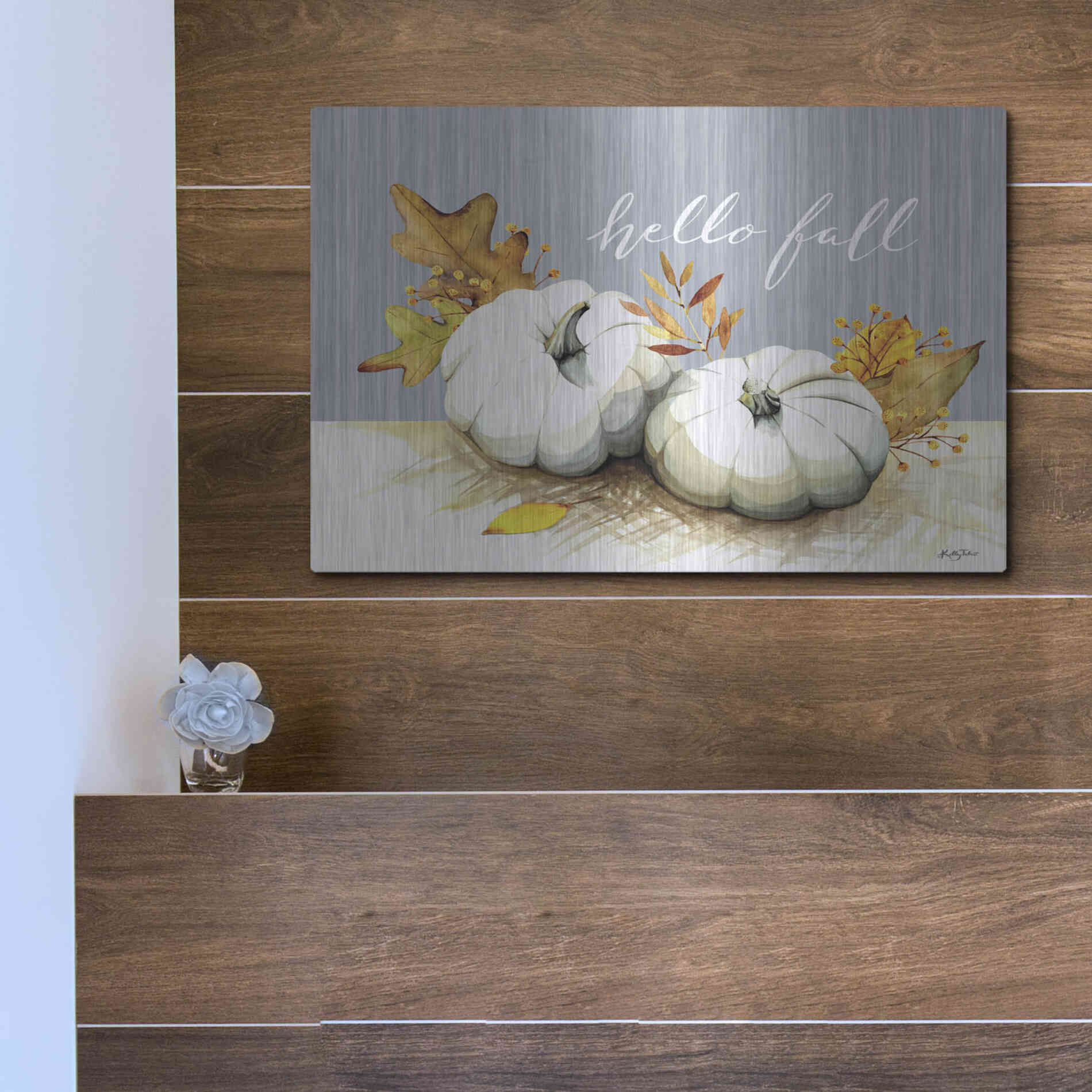 Luxe Metal Art 'Hello Fall Pumpkins' by Kelley Talent, Metal Wall Art,16x12