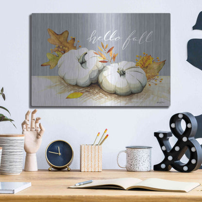 Luxe Metal Art 'Hello Fall Pumpkins' by Kelley Talent, Metal Wall Art,16x12