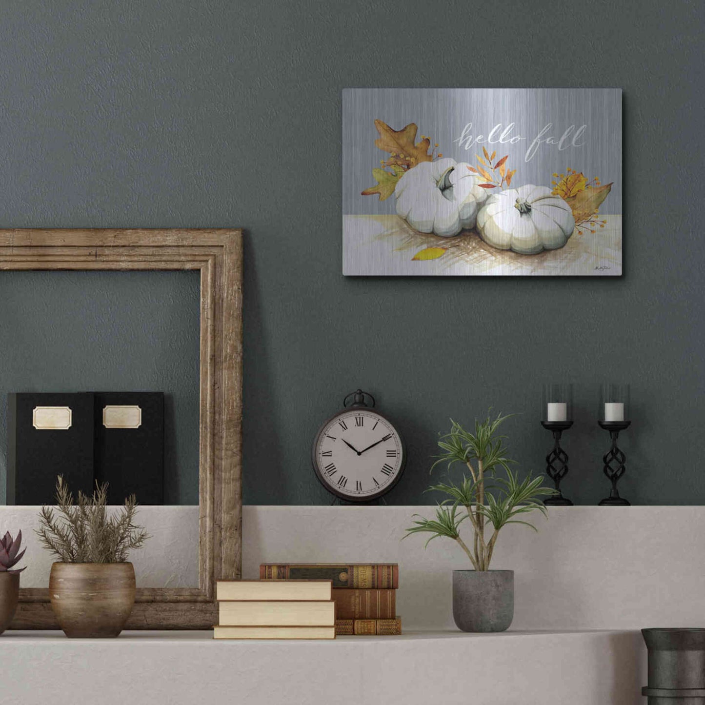 Luxe Metal Art 'Hello Fall Pumpkins' by Kelley Talent, Metal Wall Art,16x12