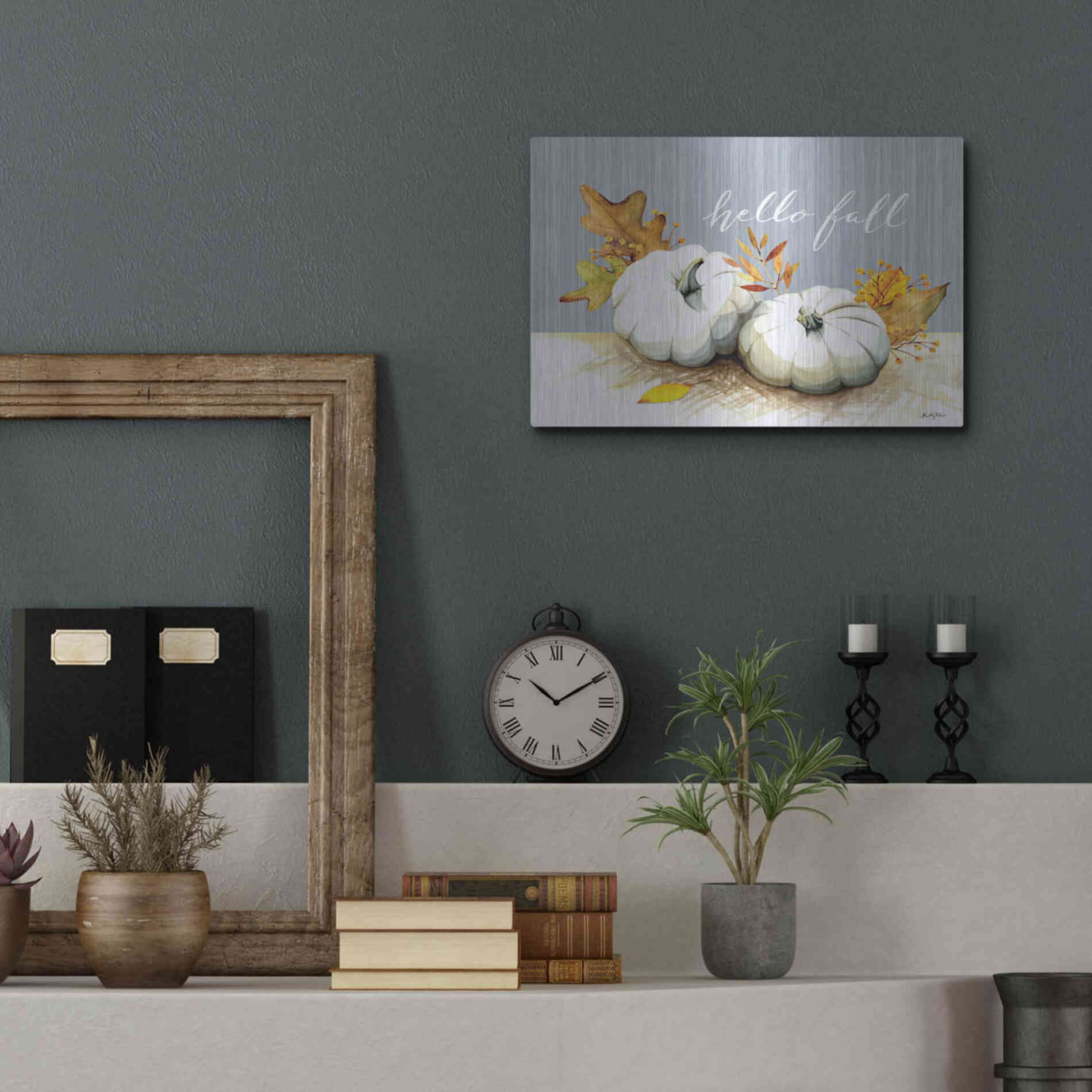 Luxe Metal Art 'Hello Fall Pumpkins' by Kelley Talent, Metal Wall Art,16x12