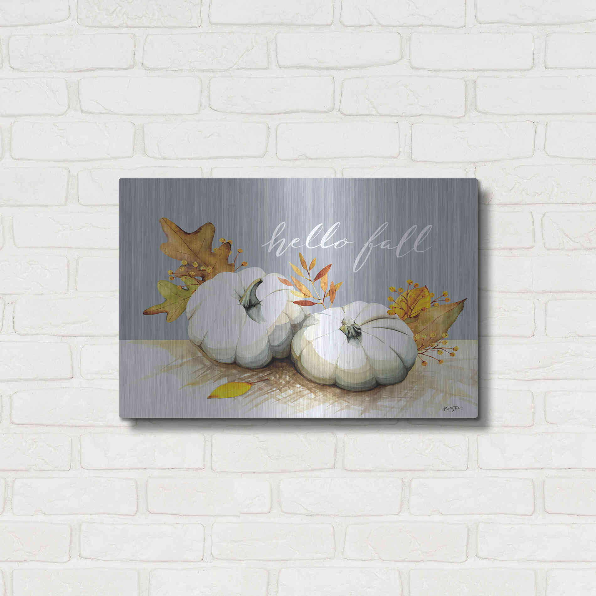 Luxe Metal Art 'Hello Fall Pumpkins' by Kelley Talent, Metal Wall Art,24x16