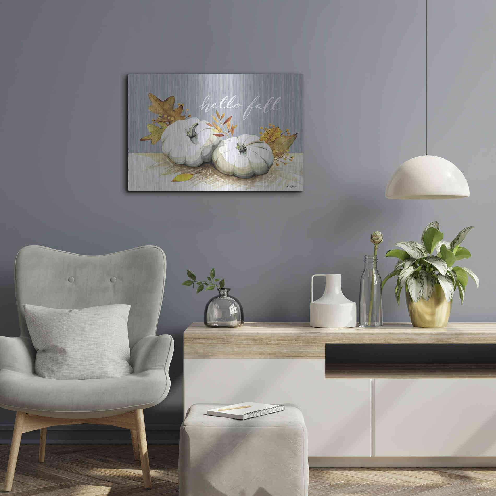 Luxe Metal Art 'Hello Fall Pumpkins' by Kelley Talent, Metal Wall Art,24x16