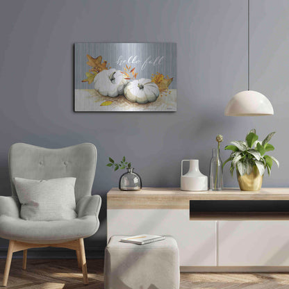 Luxe Metal Art 'Hello Fall Pumpkins' by Kelley Talent, Metal Wall Art,24x16