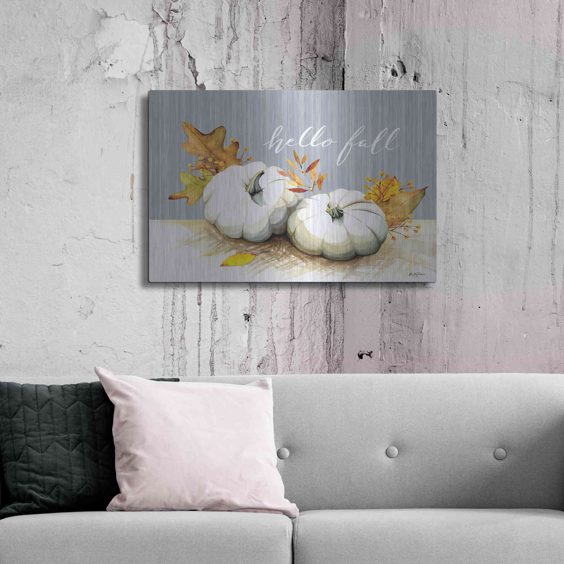 Luxe Metal Art 'Hello Fall Pumpkins' by Kelley Talent, Metal Wall Art,36x24
