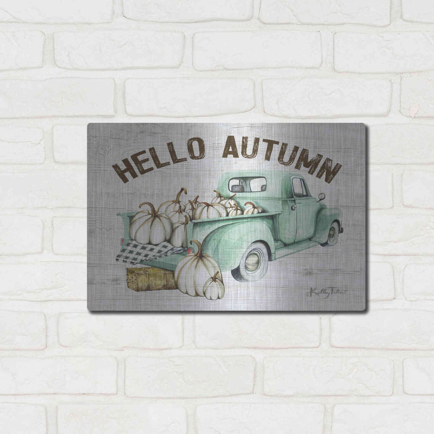 Luxe Metal Art 'Hello Autumn Vintage Truck' by Kelley Talent, Metal Wall Art,16x12