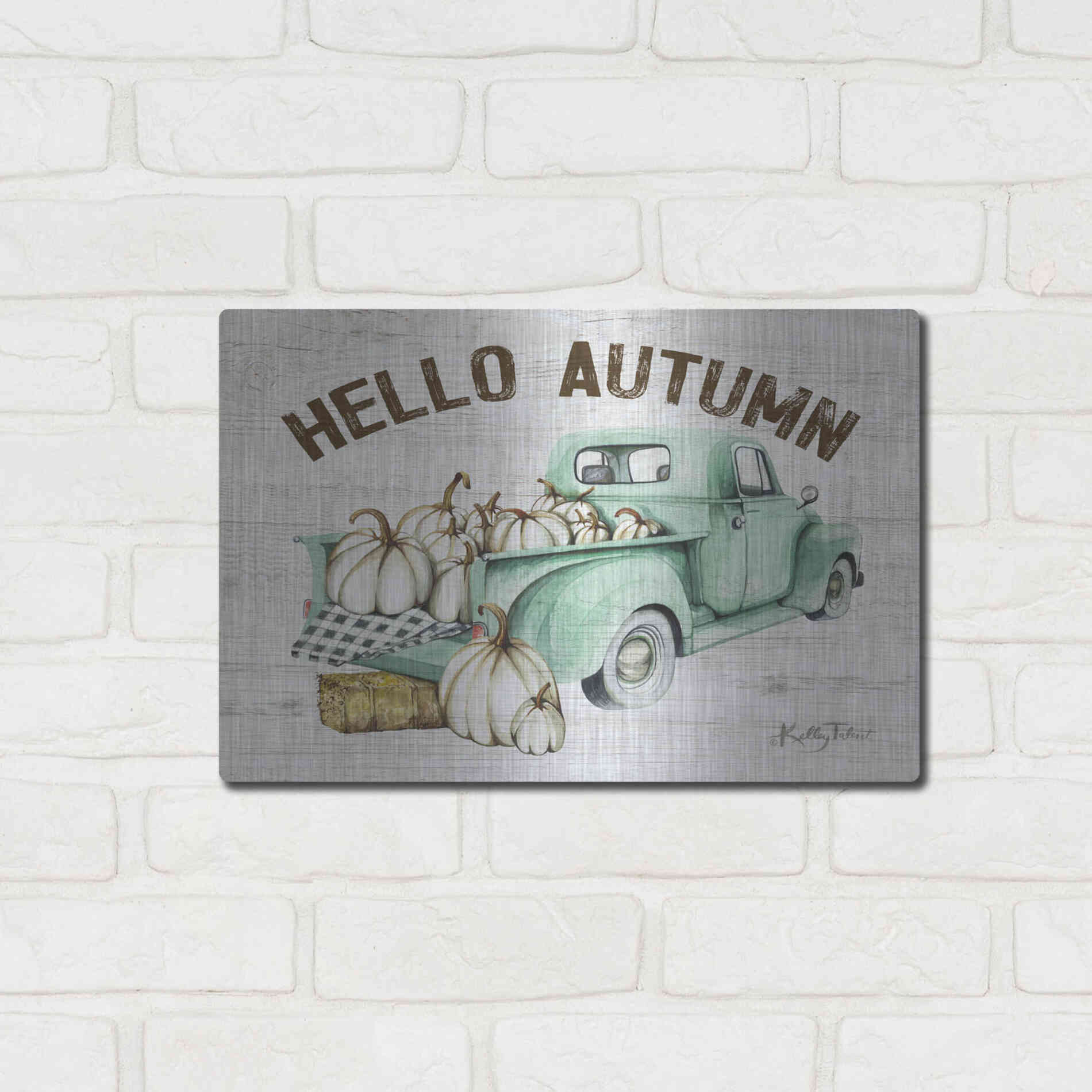 Luxe Metal Art 'Hello Autumn Vintage Truck' by Kelley Talent, Metal Wall Art,16x12