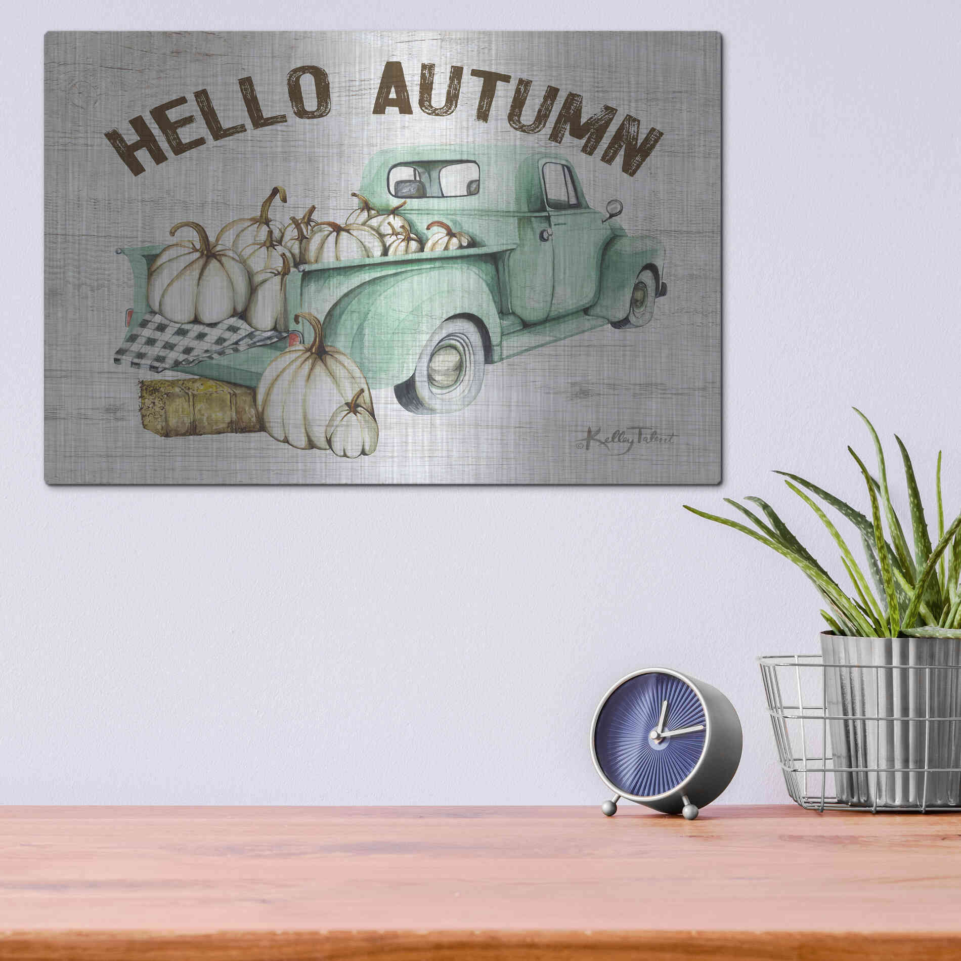Luxe Metal Art 'Hello Autumn Vintage Truck' by Kelley Talent, Metal Wall Art,16x12