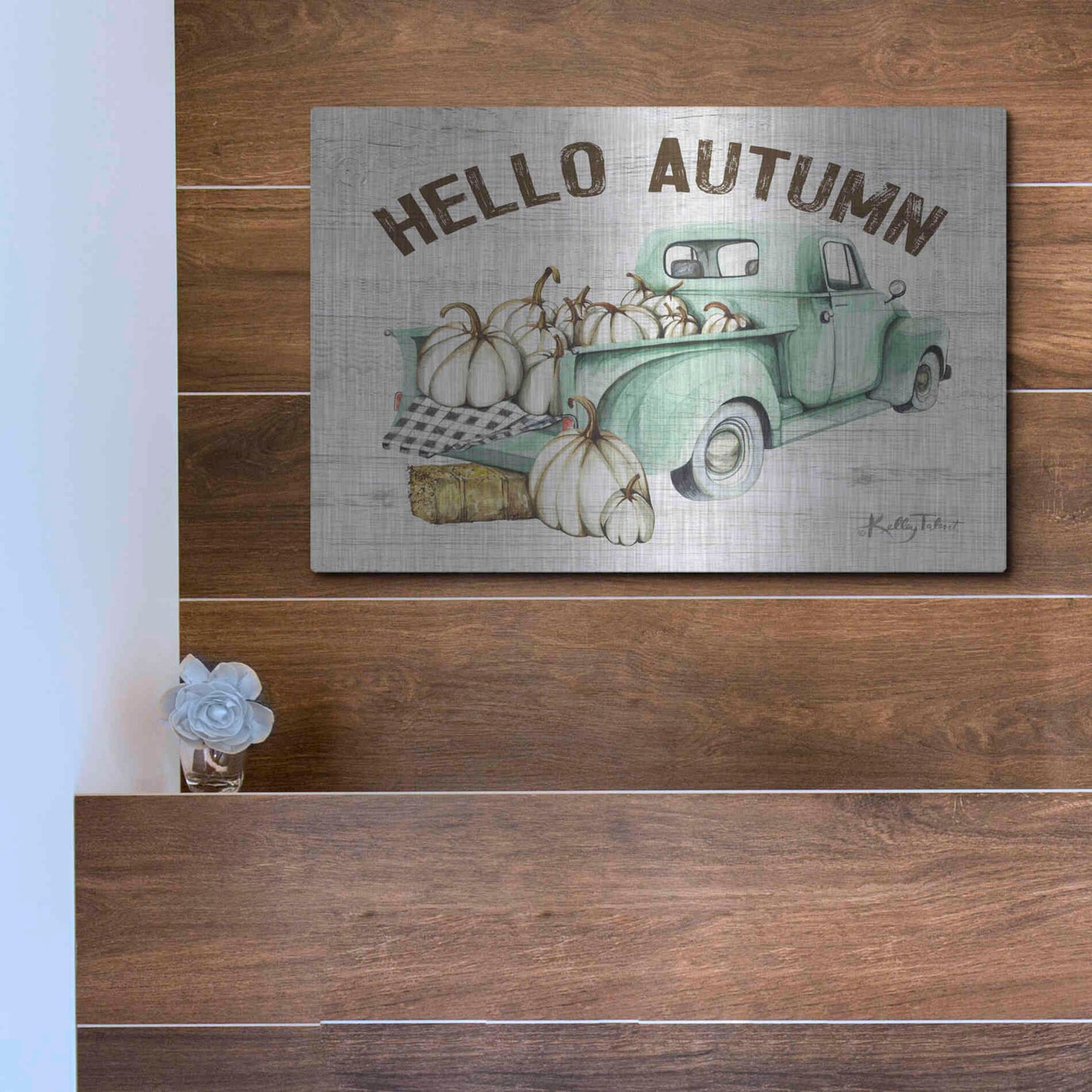 Luxe Metal Art 'Hello Autumn Vintage Truck' by Kelley Talent, Metal Wall Art,16x12