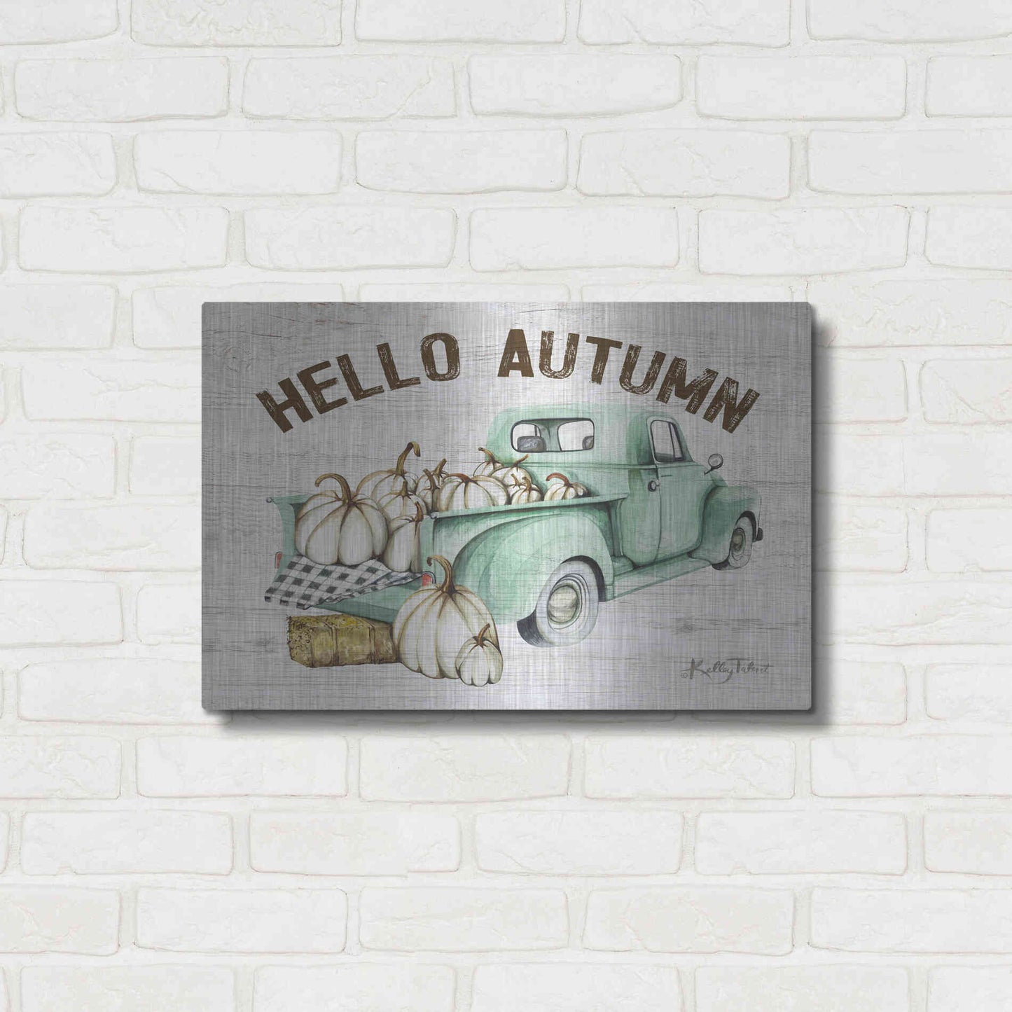 Luxe Metal Art 'Hello Autumn Vintage Truck' by Kelley Talent, Metal Wall Art,24x16