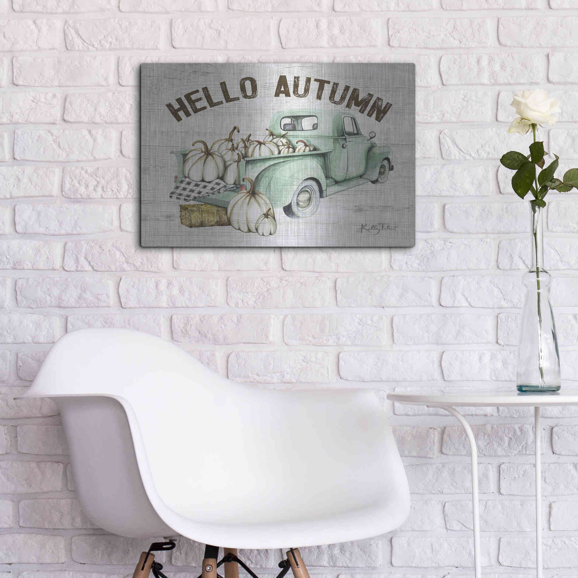 Luxe Metal Art 'Hello Autumn Vintage Truck' by Kelley Talent, Metal Wall Art,24x16