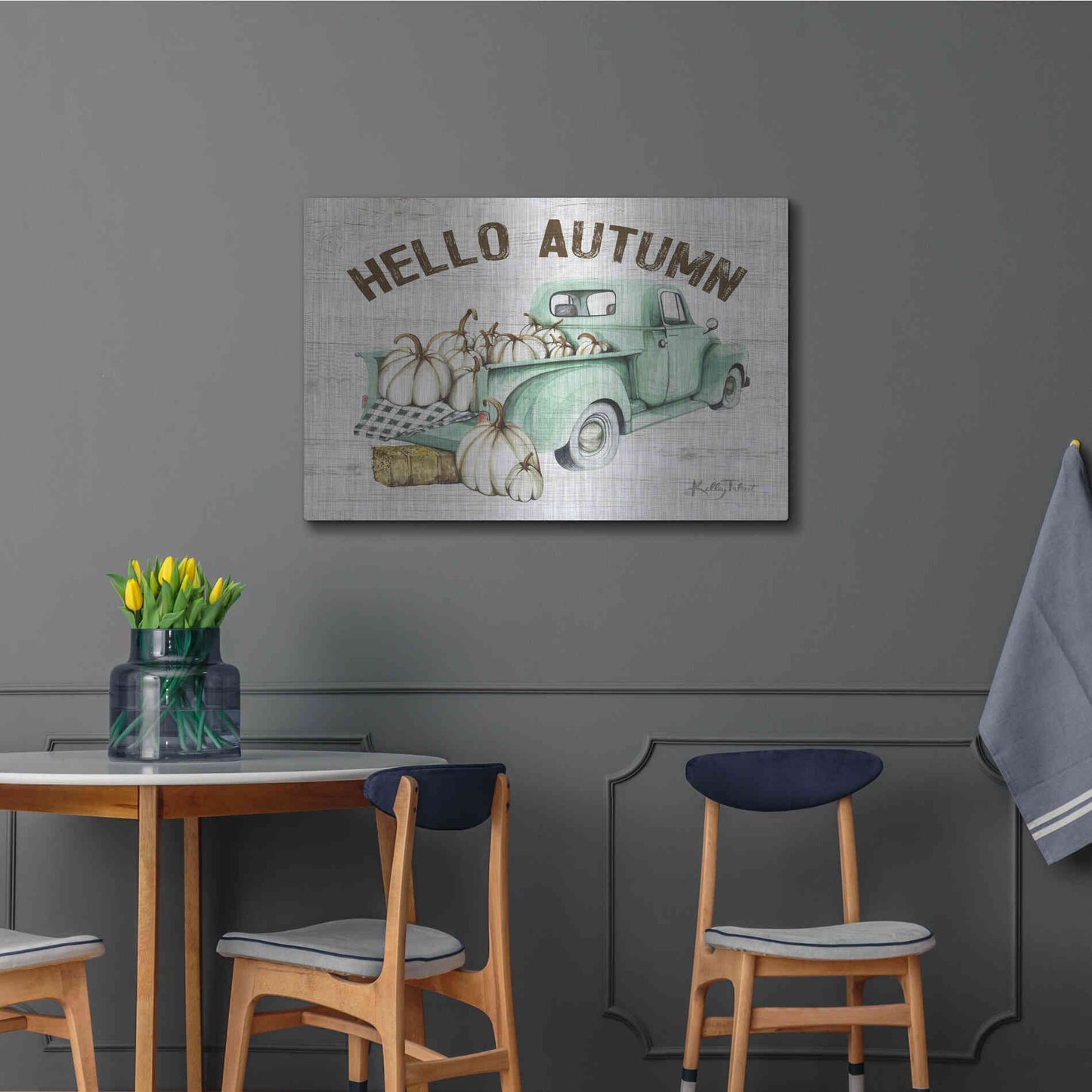 Luxe Metal Art 'Hello Autumn Vintage Truck' by Kelley Talent, Metal Wall Art,36x24