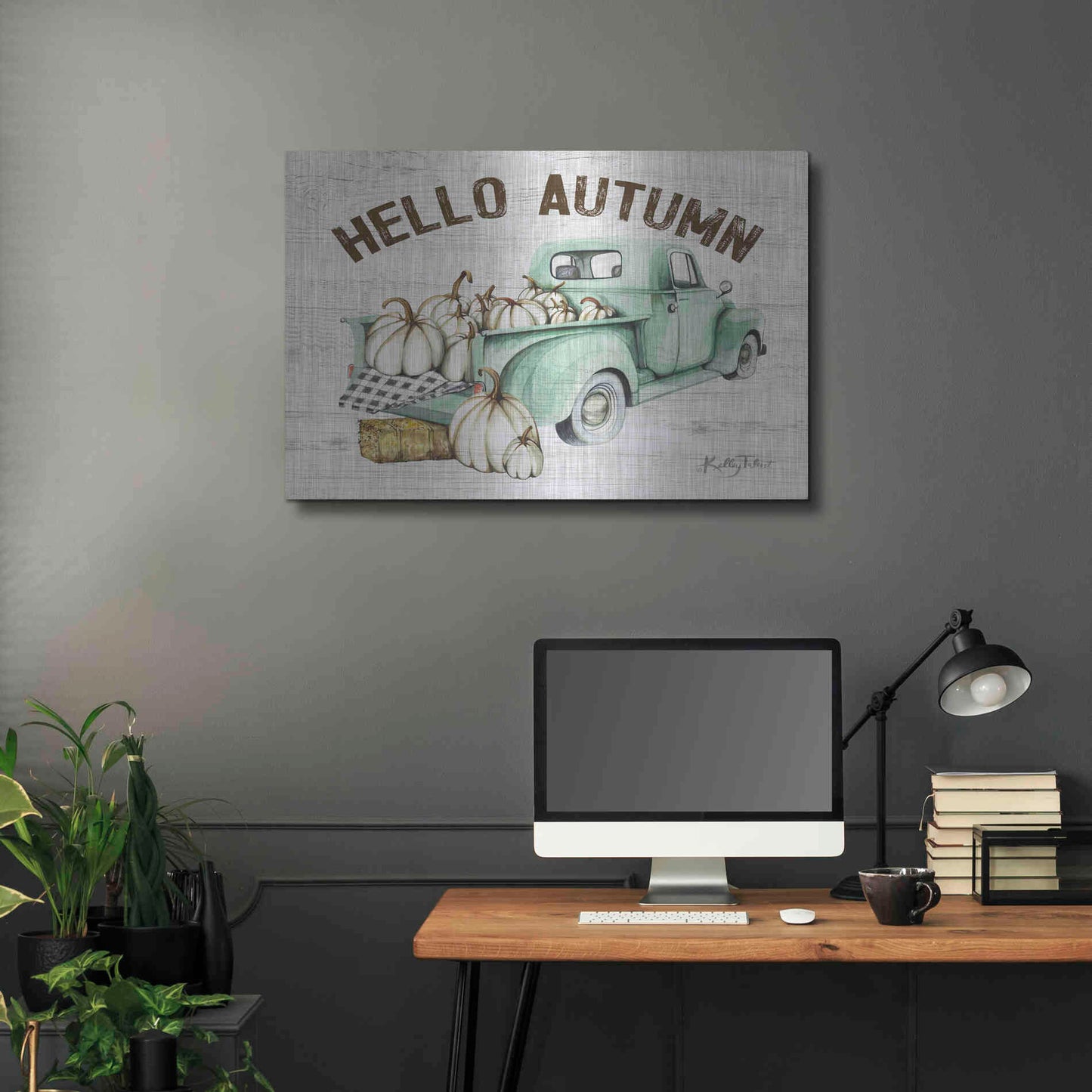 Luxe Metal Art 'Hello Autumn Vintage Truck' by Kelley Talent, Metal Wall Art,36x24
