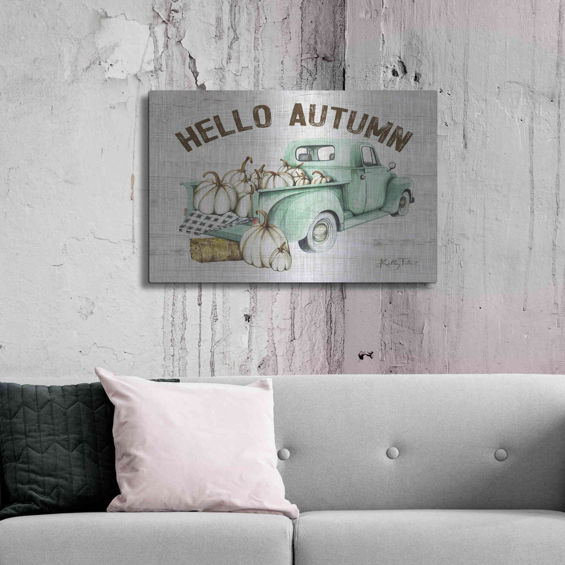 Luxe Metal Art 'Hello Autumn Vintage Truck' by Kelley Talent, Metal Wall Art,36x24