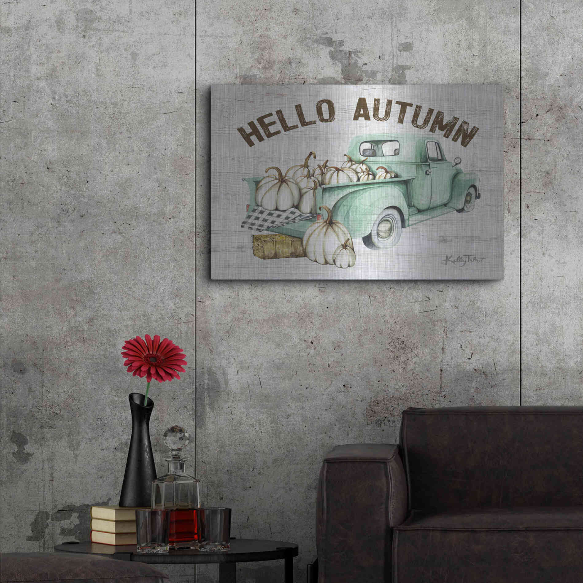 Luxe Metal Art 'Hello Autumn Vintage Truck' by Kelley Talent, Metal Wall Art,36x24
