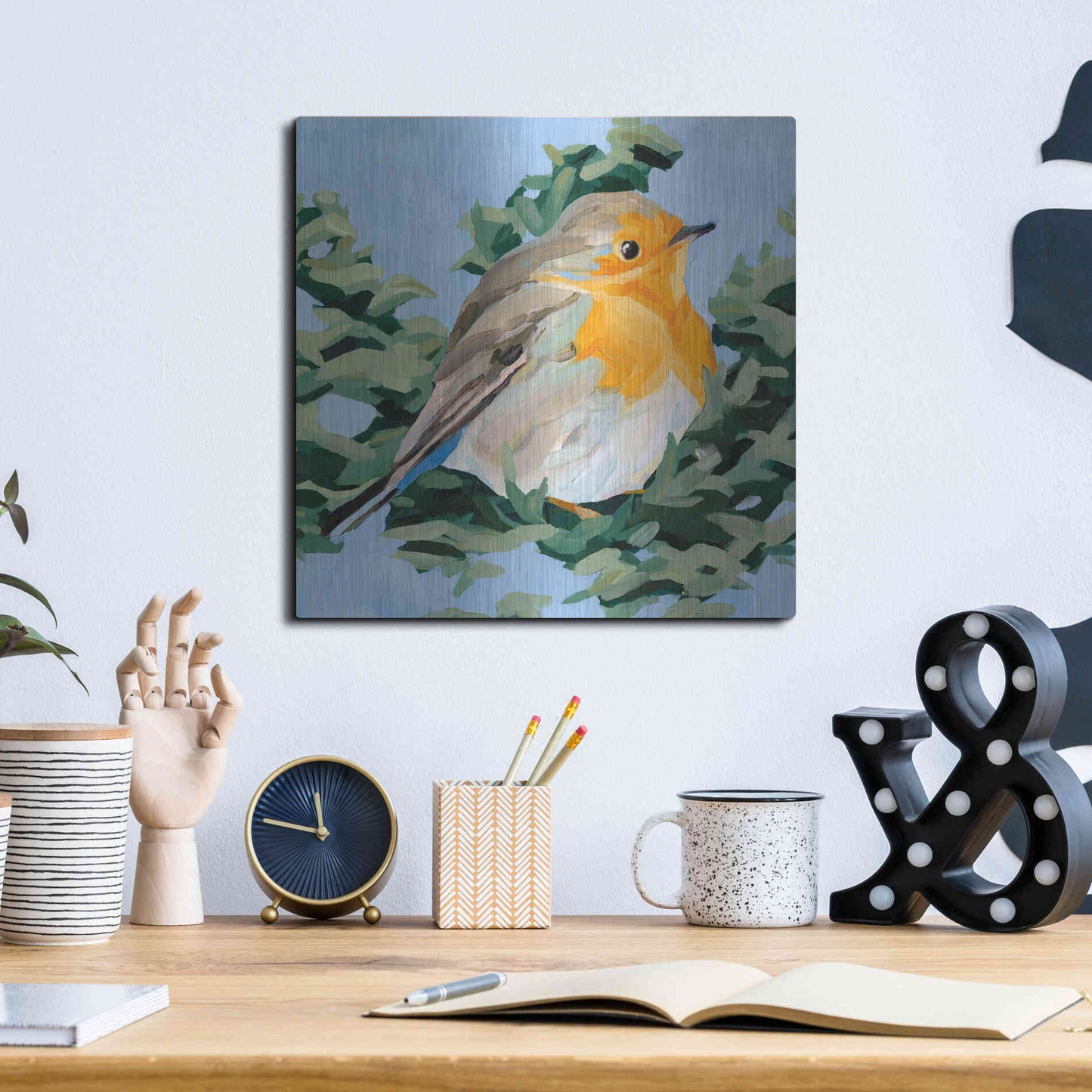 Luxe Metal Art 'Painterly Bird I' by Emma Scarvey, Metal Wall Art,12x12