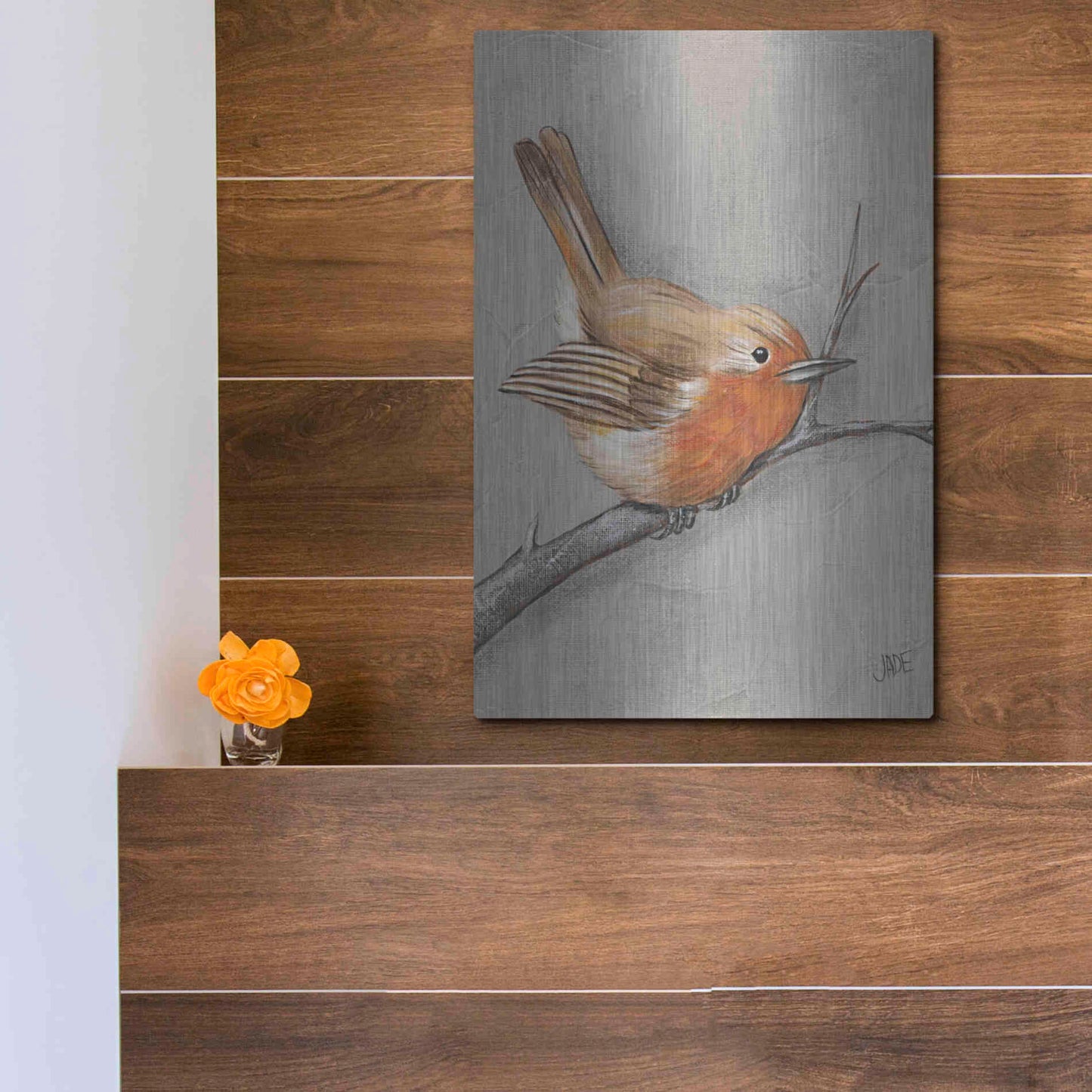 Luxe Metal Art 'Winter Bird II' by Jade Reynolds, Metal Wall Art,12x16