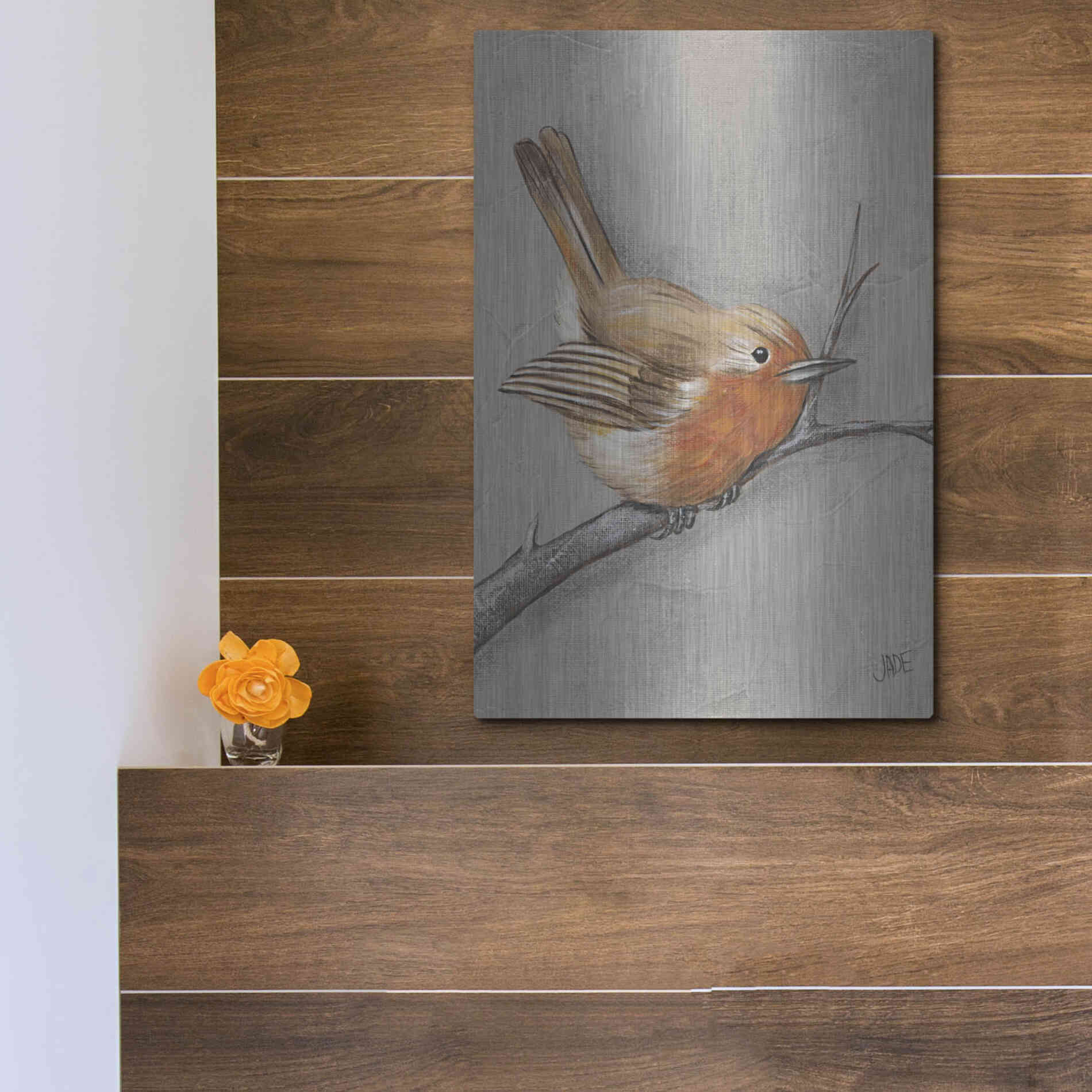 Luxe Metal Art 'Winter Bird II' by Jade Reynolds, Metal Wall Art,12x16