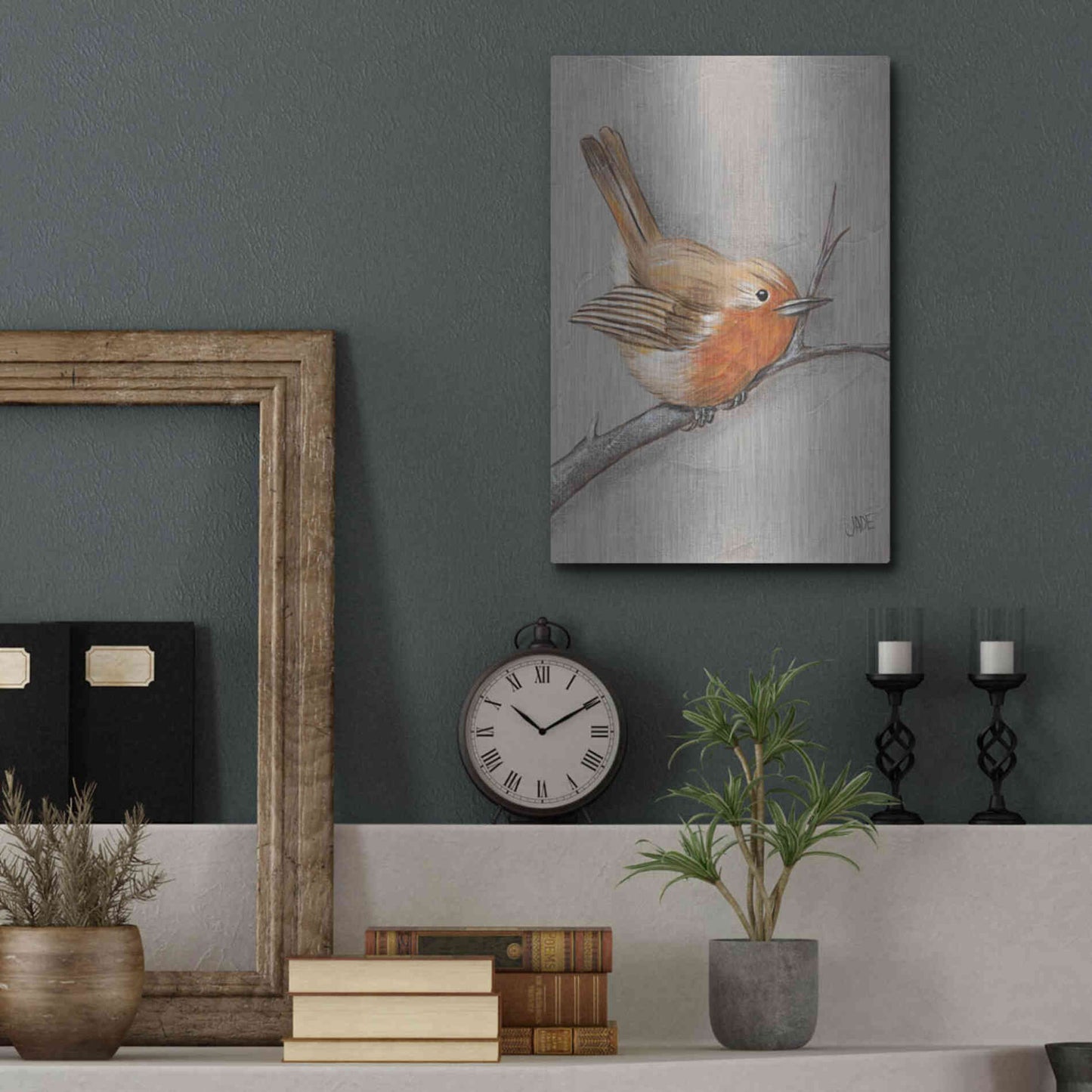 Luxe Metal Art 'Winter Bird II' by Jade Reynolds, Metal Wall Art,12x16