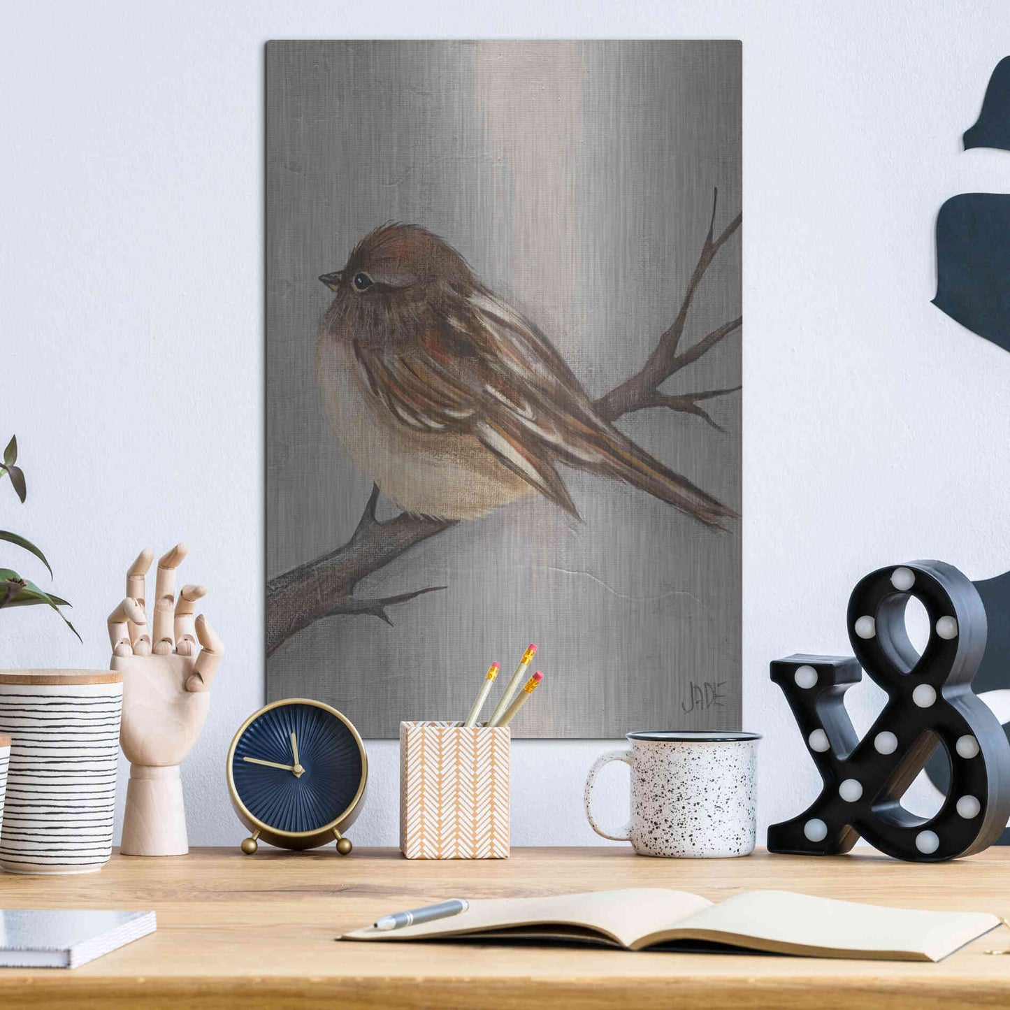 Luxe Metal Art 'Winter Bird III' by Jade Reynolds, Metal Wall Art,12x16