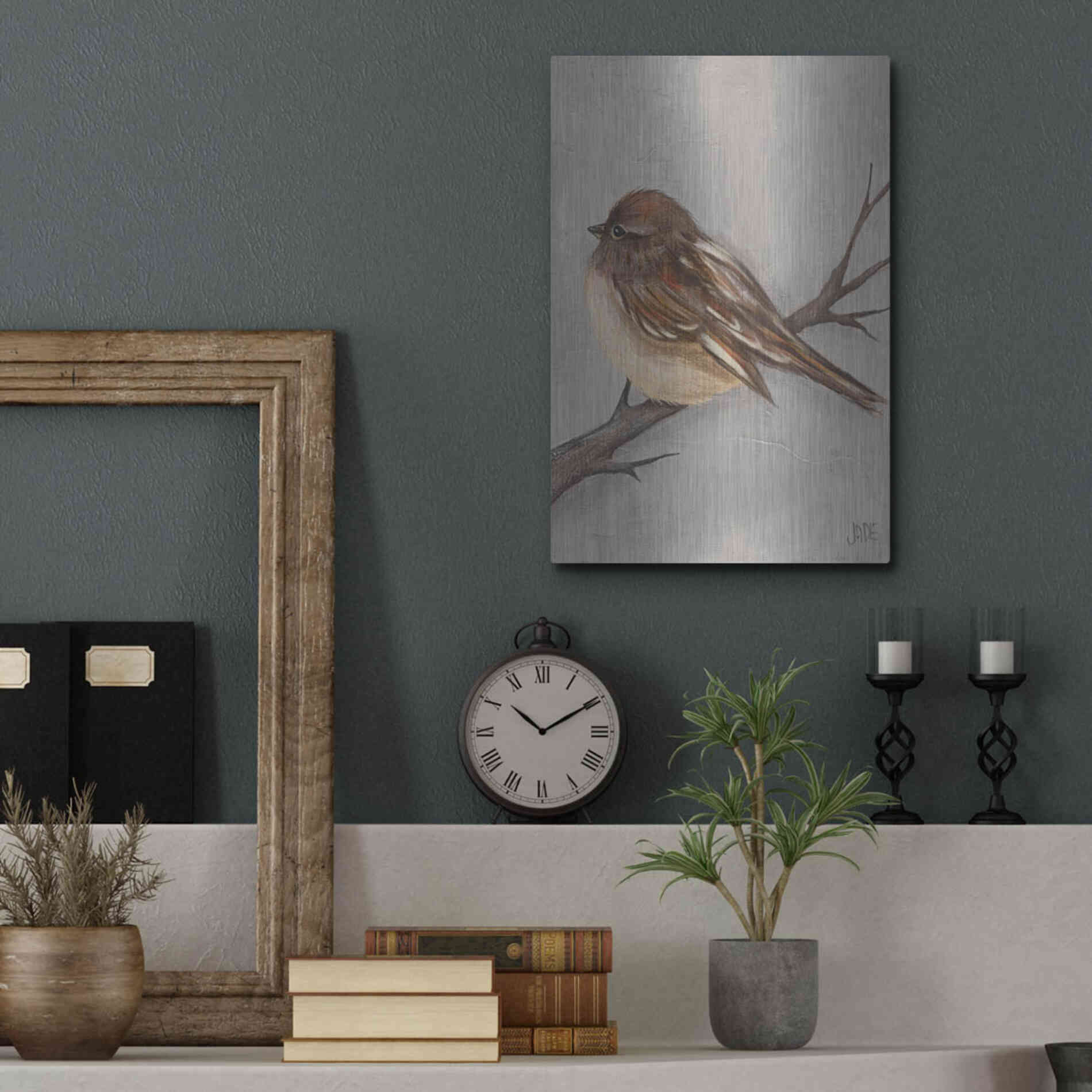 Luxe Metal Art 'Winter Bird III' by Jade Reynolds, Metal Wall Art,12x16