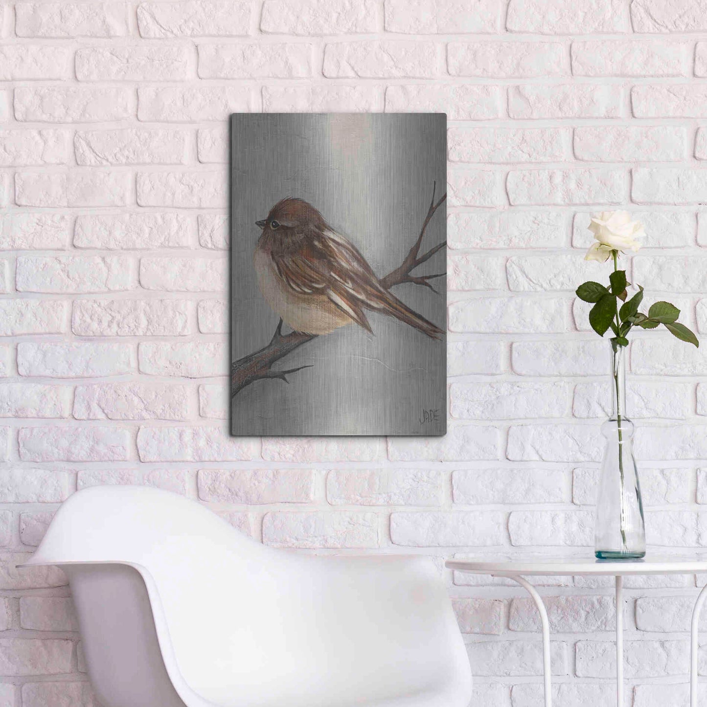 Luxe Metal Art 'Winter Bird III' by Jade Reynolds, Metal Wall Art,16x24