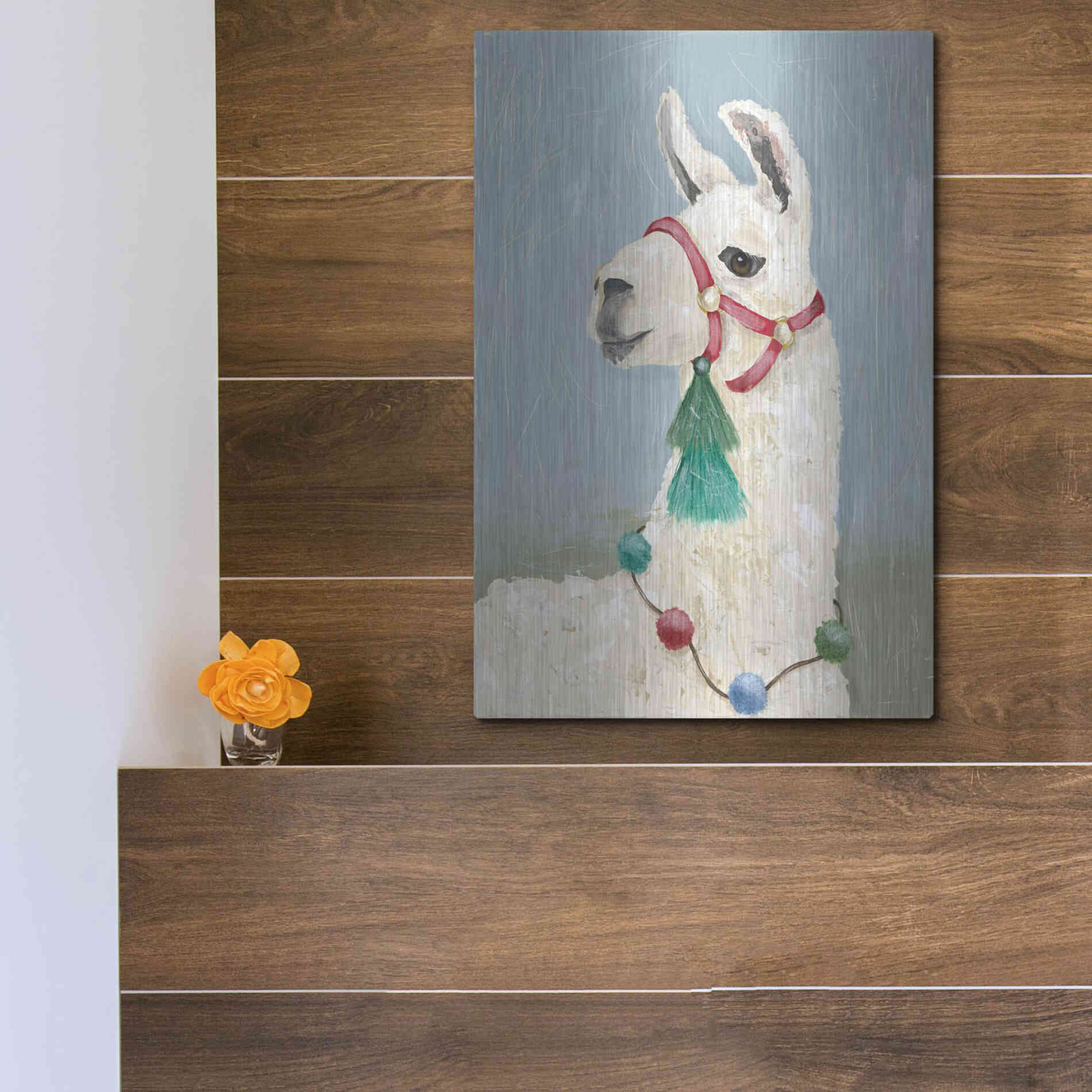 Luxe Metal Art 'Painted Llama I' by Jade Reynolds, Metal Wall Art,12x16